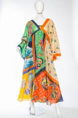 1970S LA VETTA Polyester Asian Dragon Patchwork Scarf Maxi Dress
