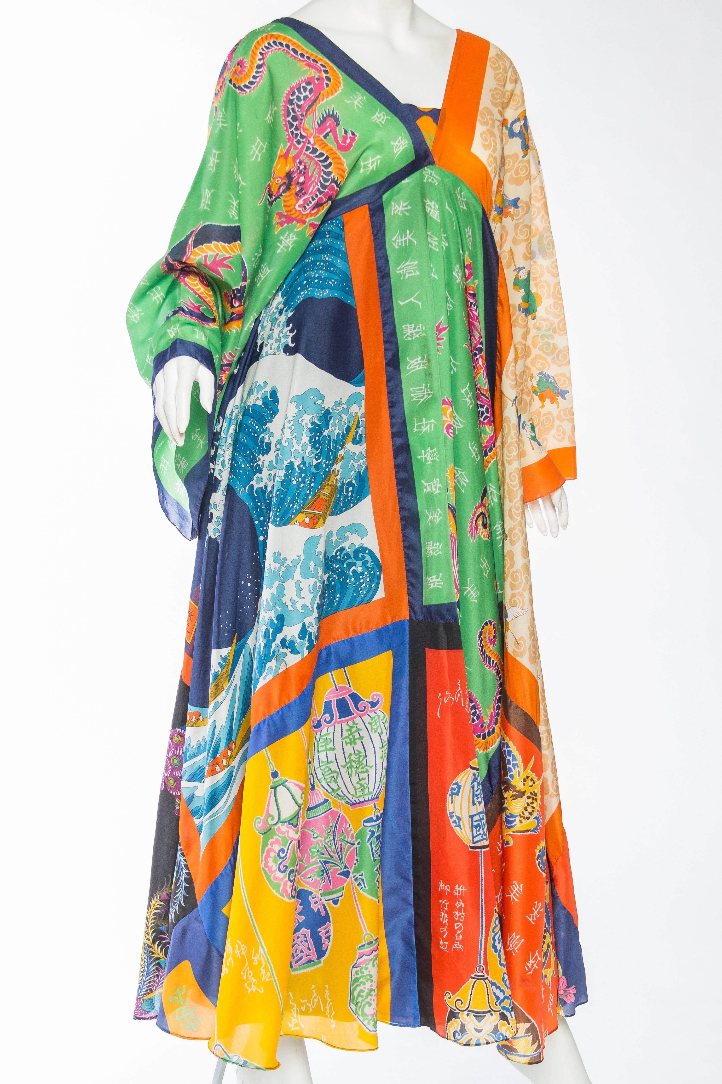 Beige 1970S LA VETTA Polyester Asian Dragon Patchwork Scarf Maxi Dress For Sale