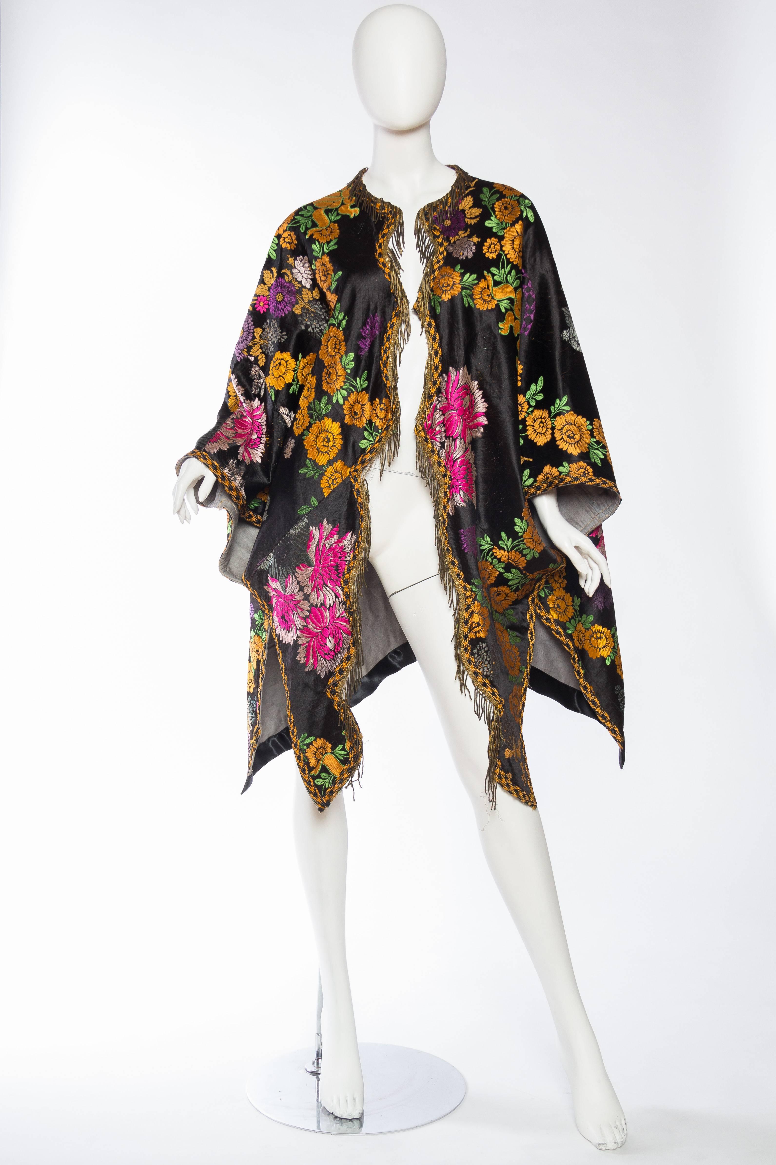 Black Antique Moroccan Silk Tapestry Coat with Brass Fringe