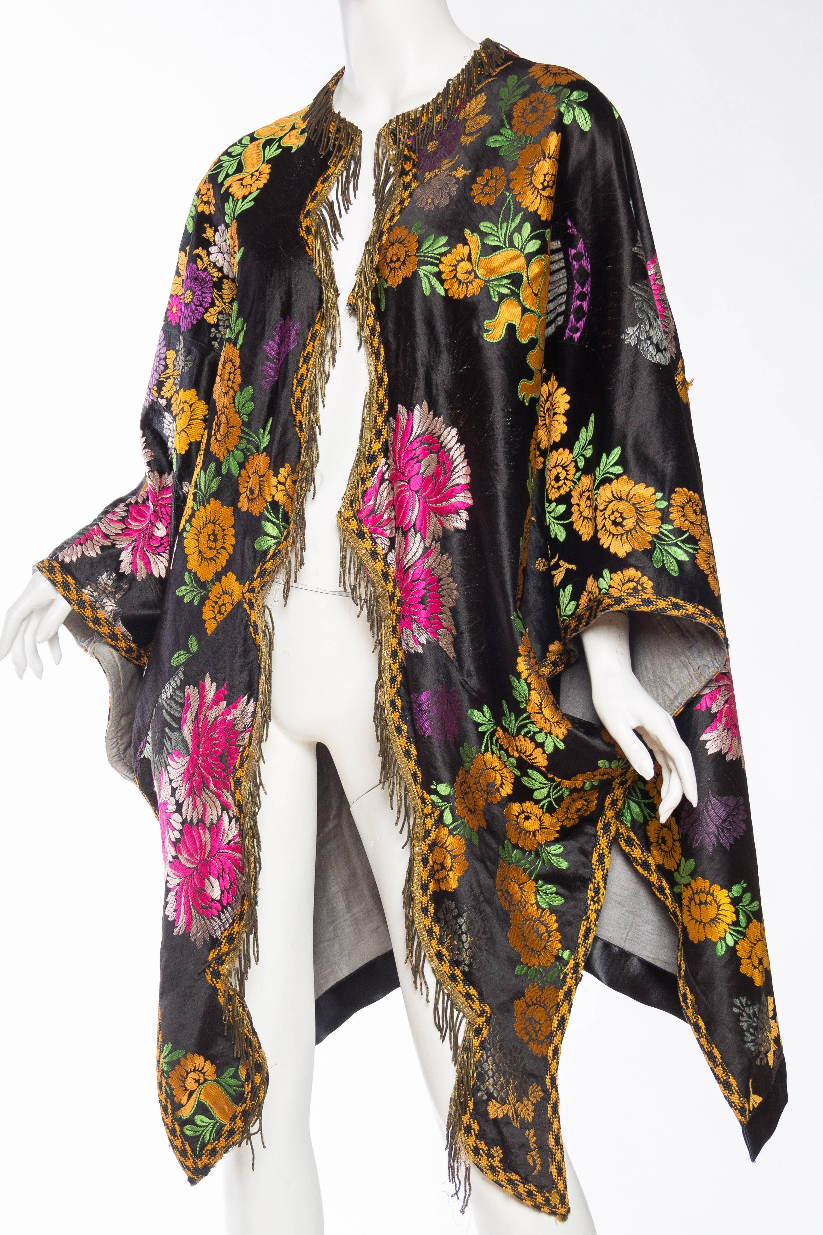 Women's Antique Moroccan Silk Tapestry Coat with Brass Fringe