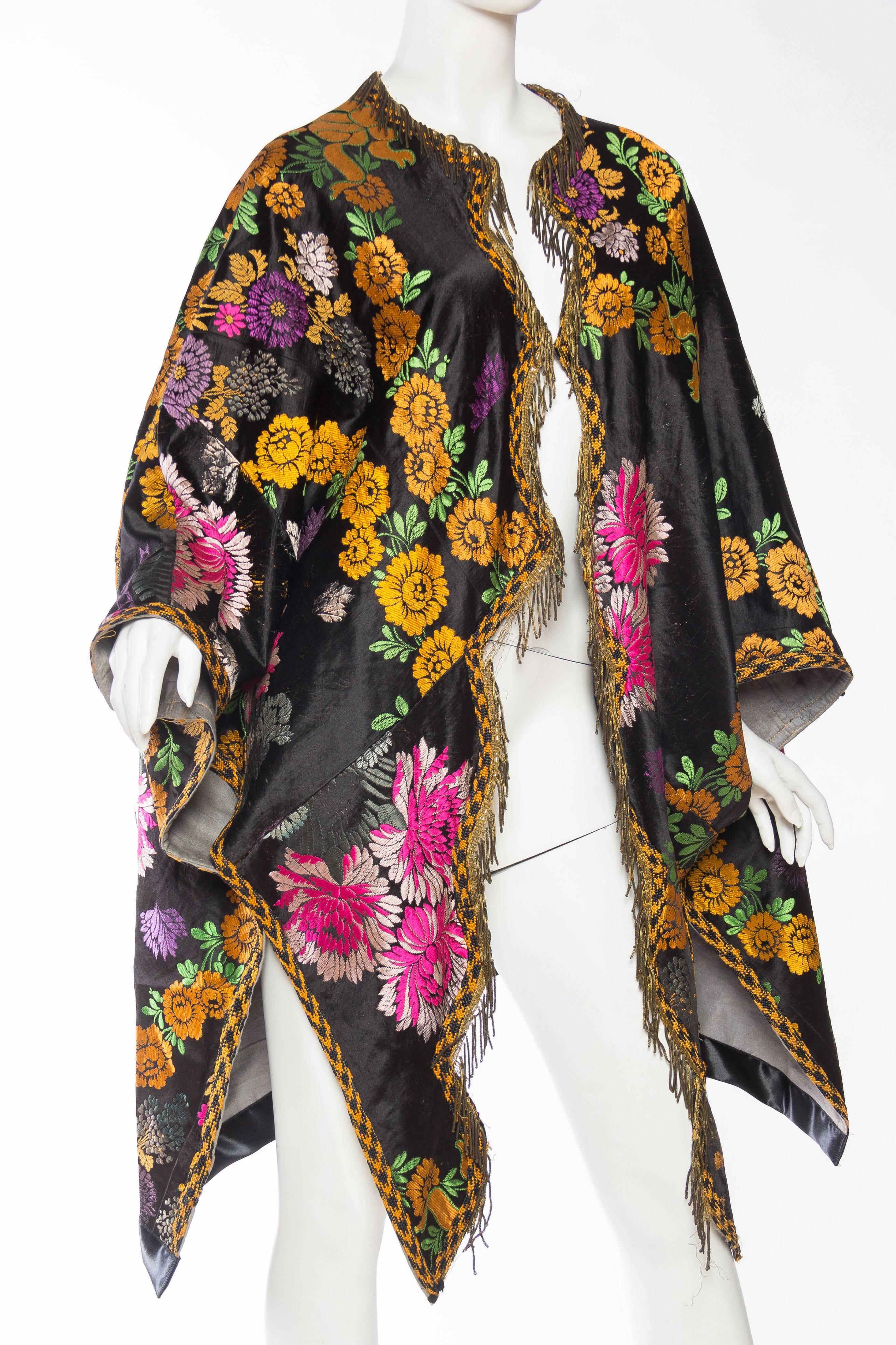 Antique Moroccan Silk Tapestry Coat with Brass Fringe In Good Condition In New York, NY