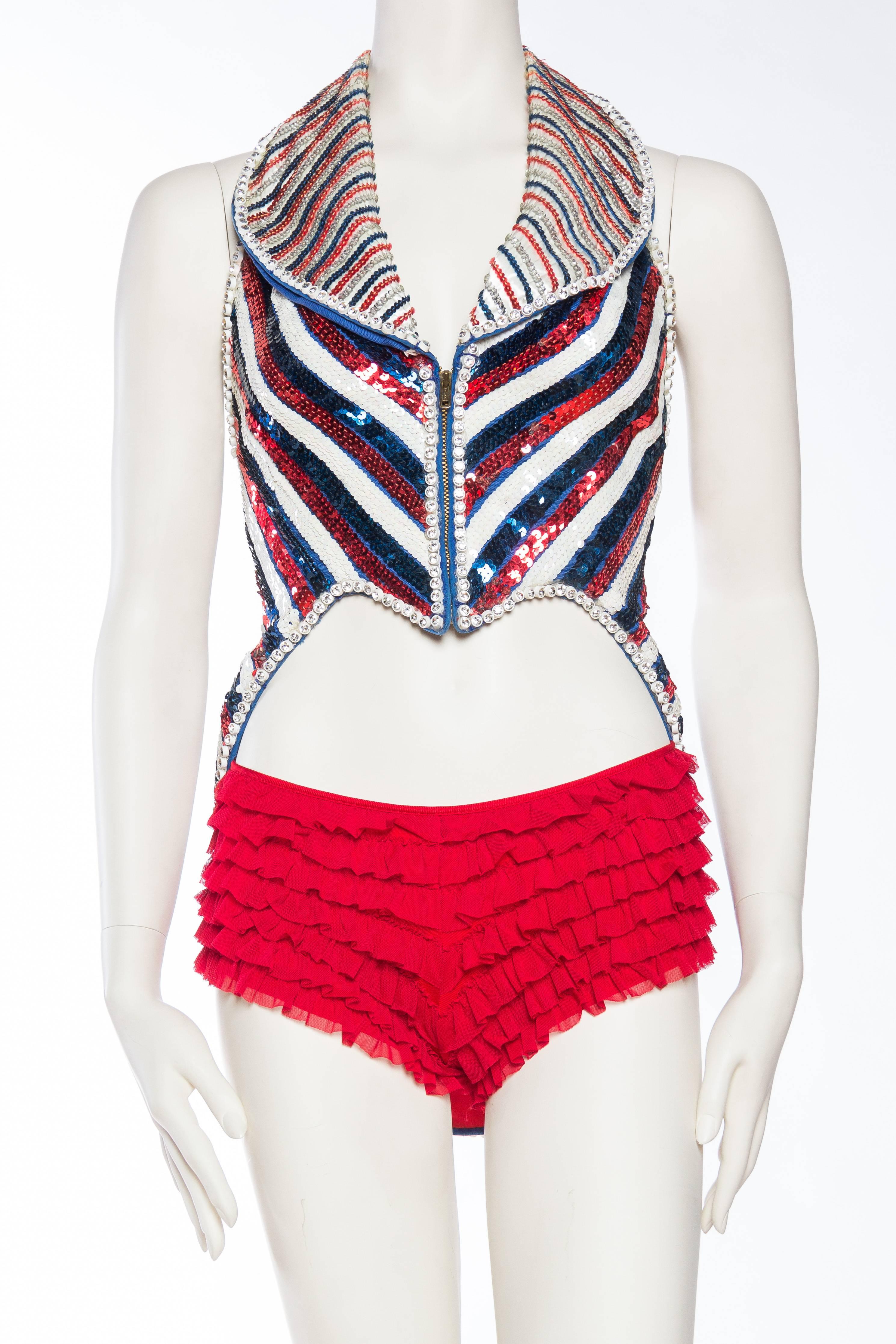 1970S Hedy Jo Star Original Red, White & Blue Sequined Vegas Patriotic Showgirl Bustier Halter Top