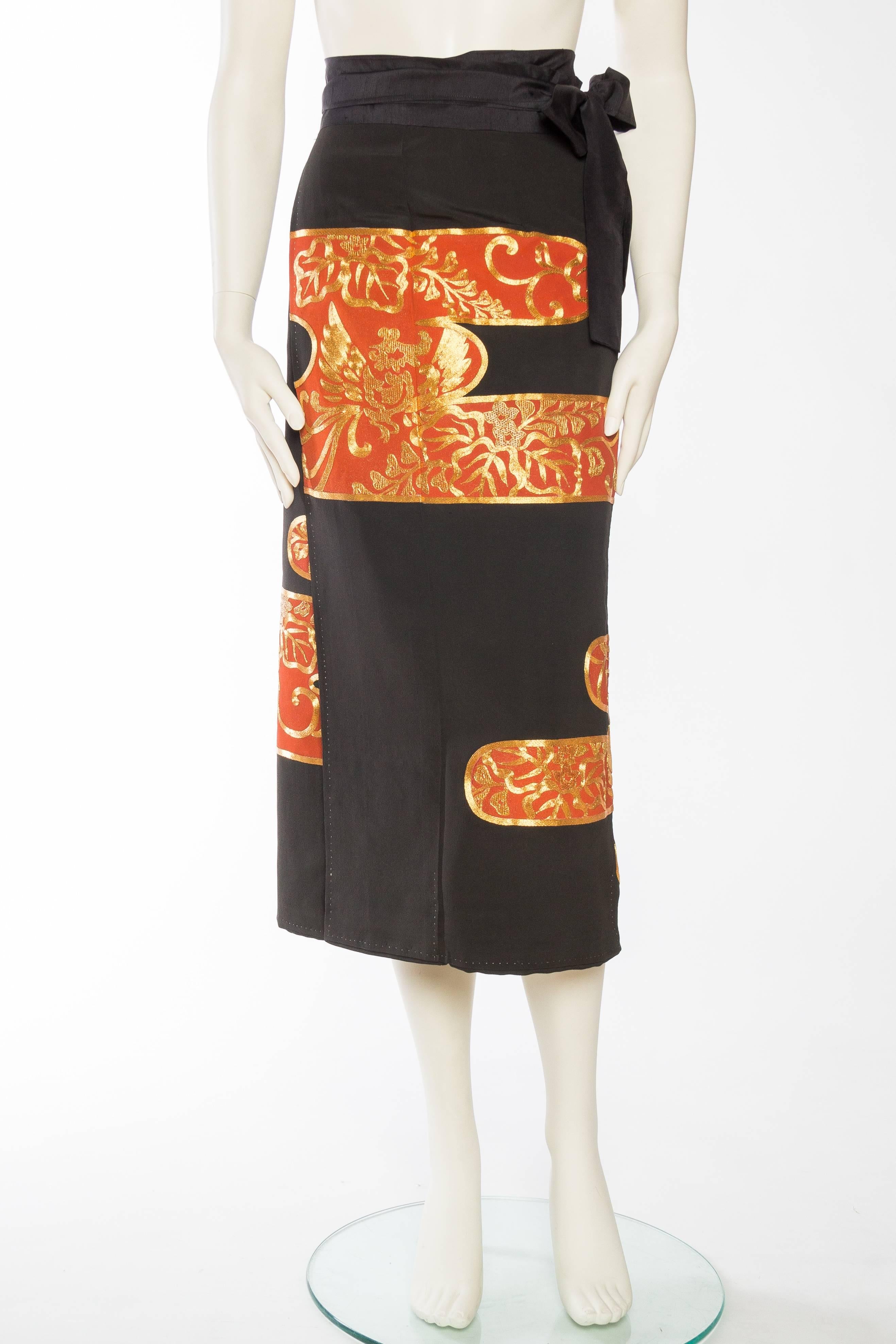 1970S Black & Orange Hand Embroidered In Gold Wrap Skirt Made From Japanese Kimono Silk