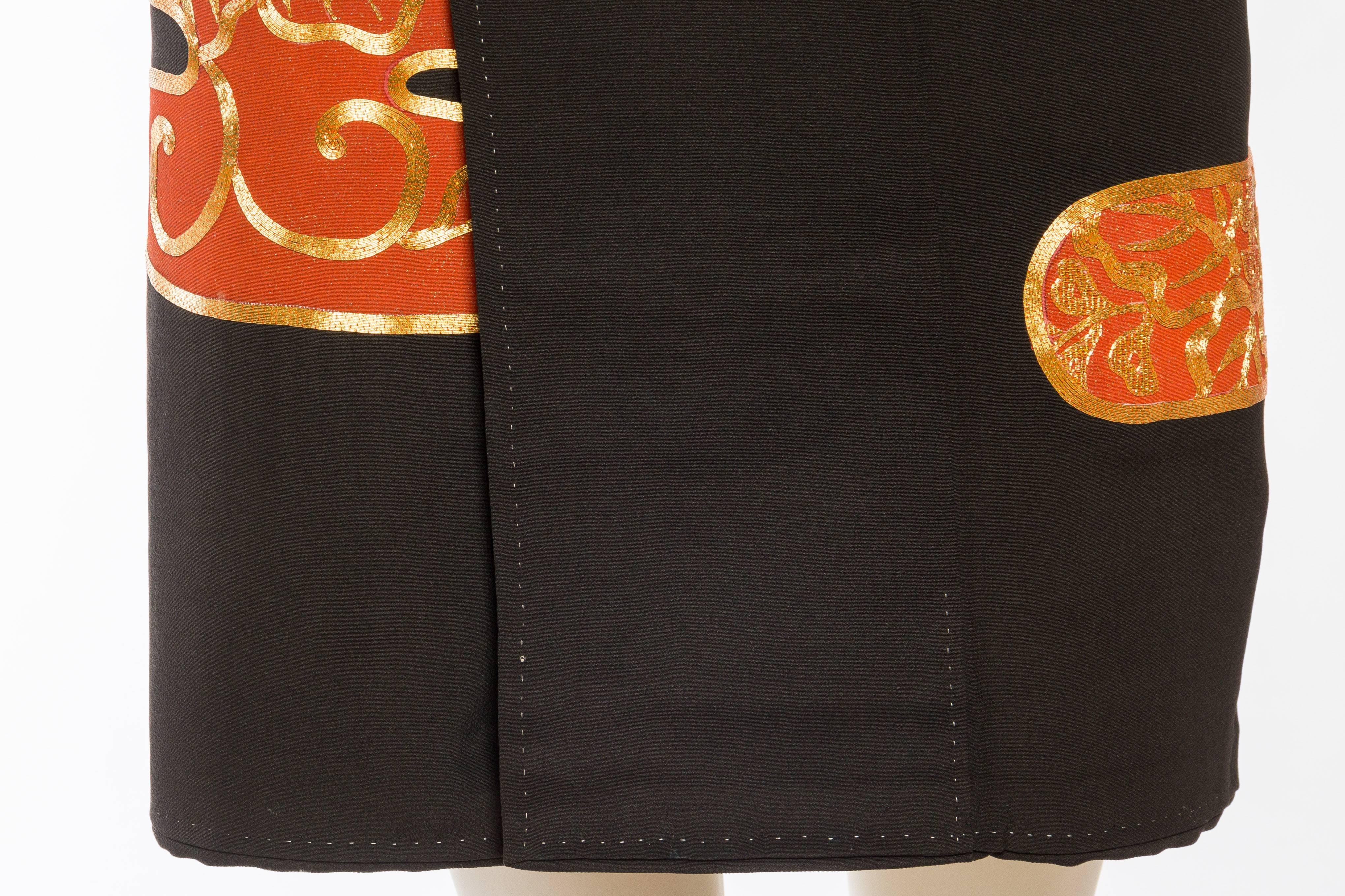 1970S Black & Orange Hand Embroidered In Gold Wrap Skirt Made From Japanese Kim In Excellent Condition In New York, NY