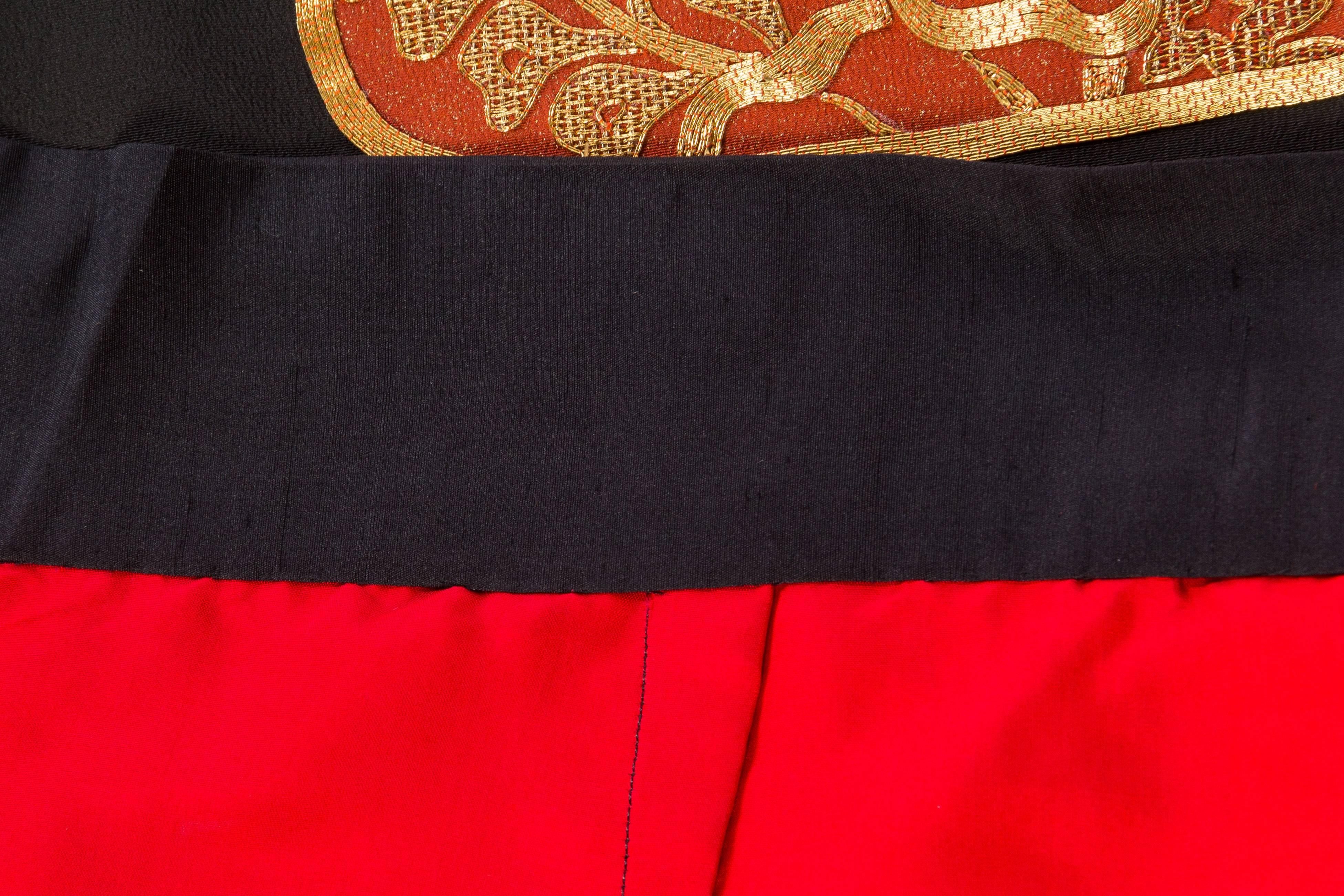 1970S Black & Orange Hand Embroidered In Gold Wrap Skirt Made From Japanese Kim 1