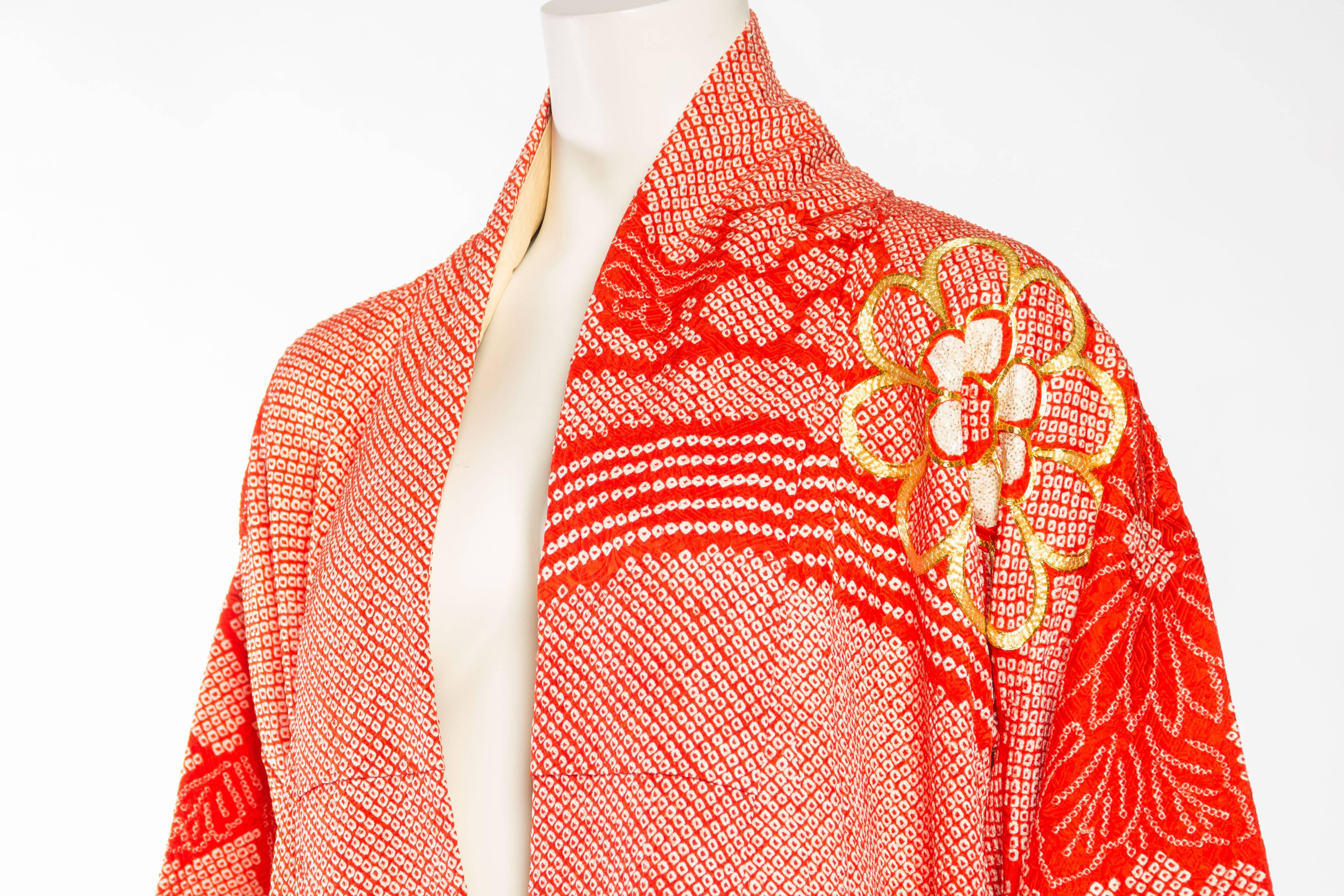 Soft Silk Hand Dyed Shibori Japanese Kimono with Gold Embroidery 2