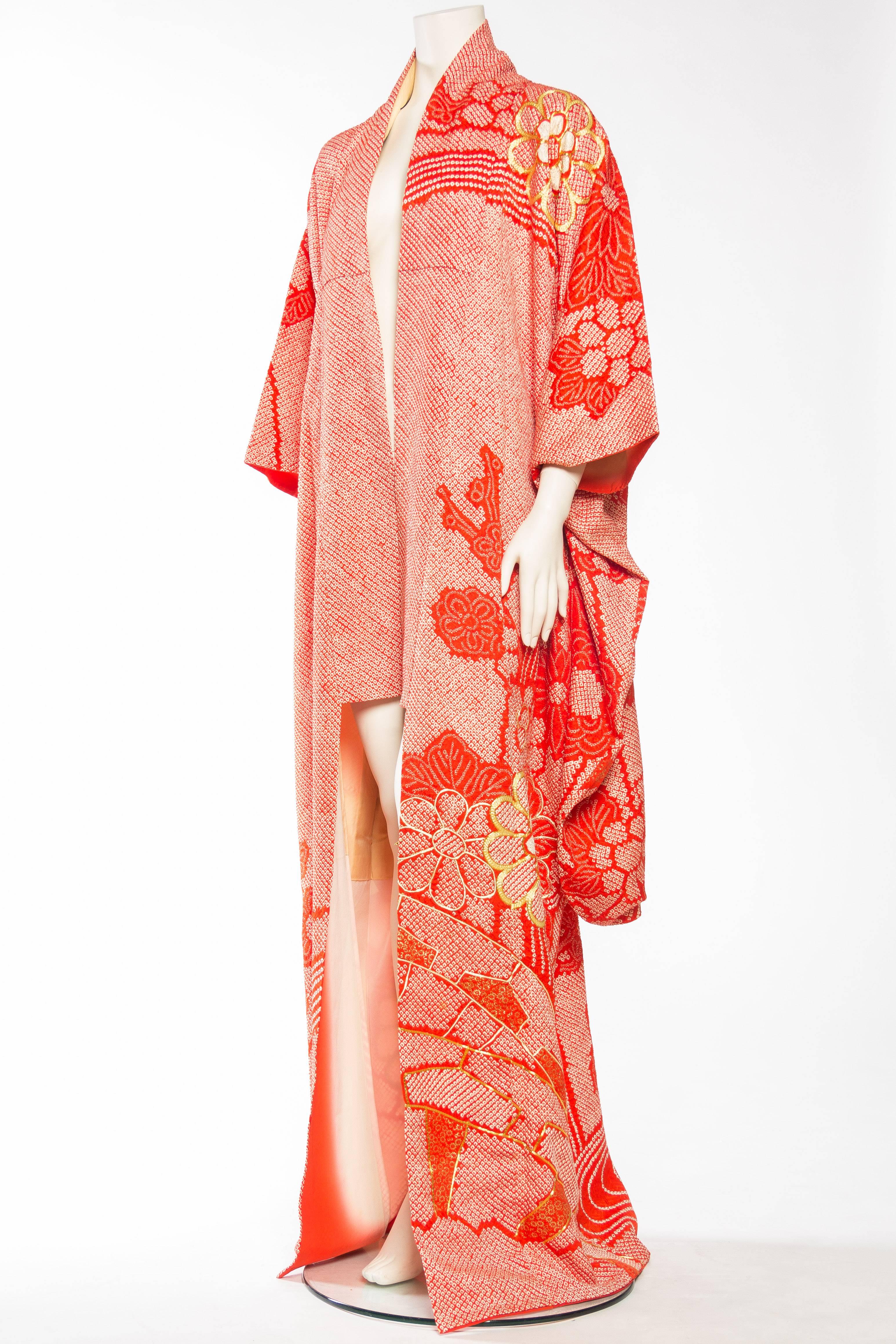 Women's Soft Silk Hand Dyed Shibori Japanese Kimono with Gold Embroidery