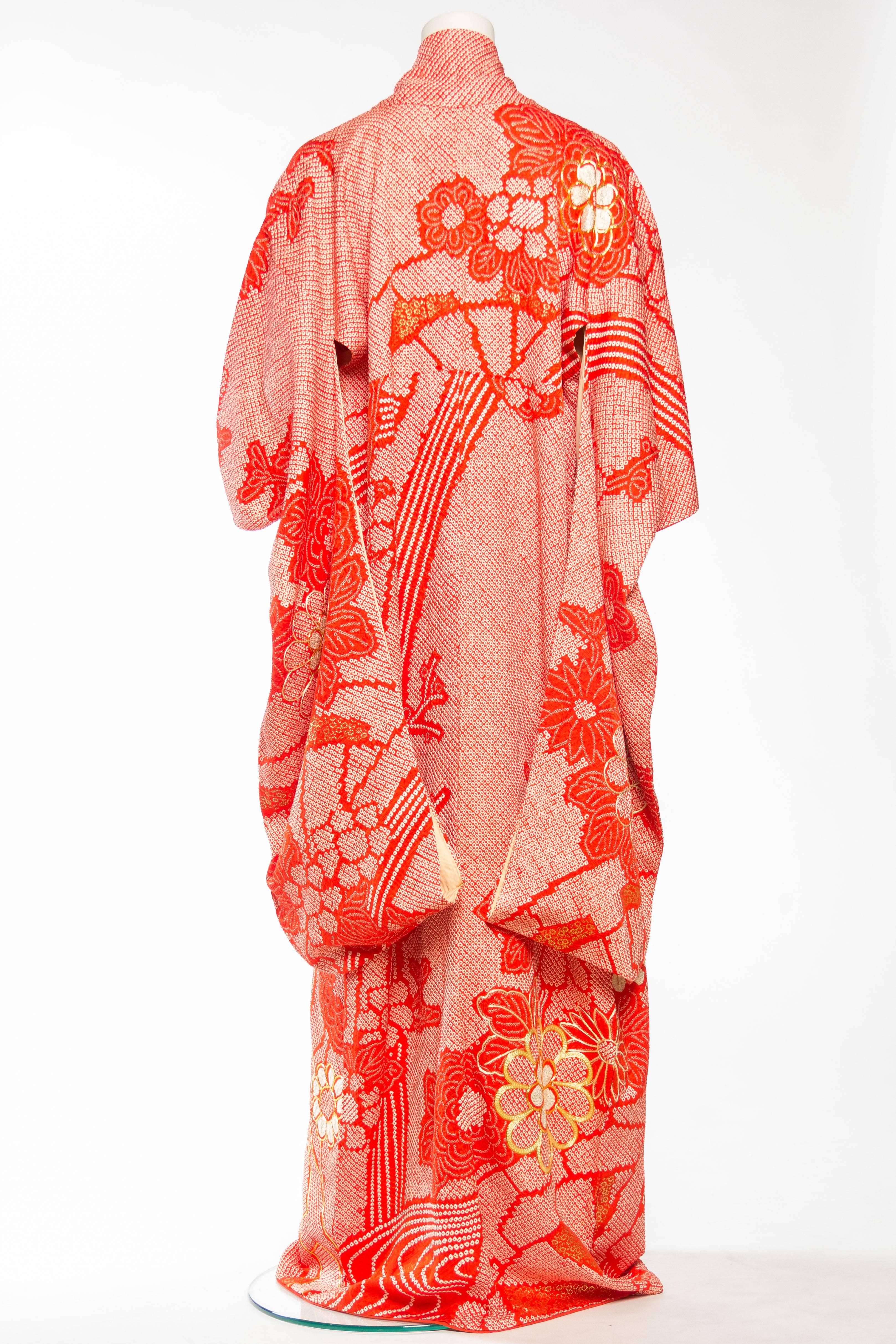 Soft Silk Hand Dyed Shibori Japanese Kimono with Gold Embroidery 1