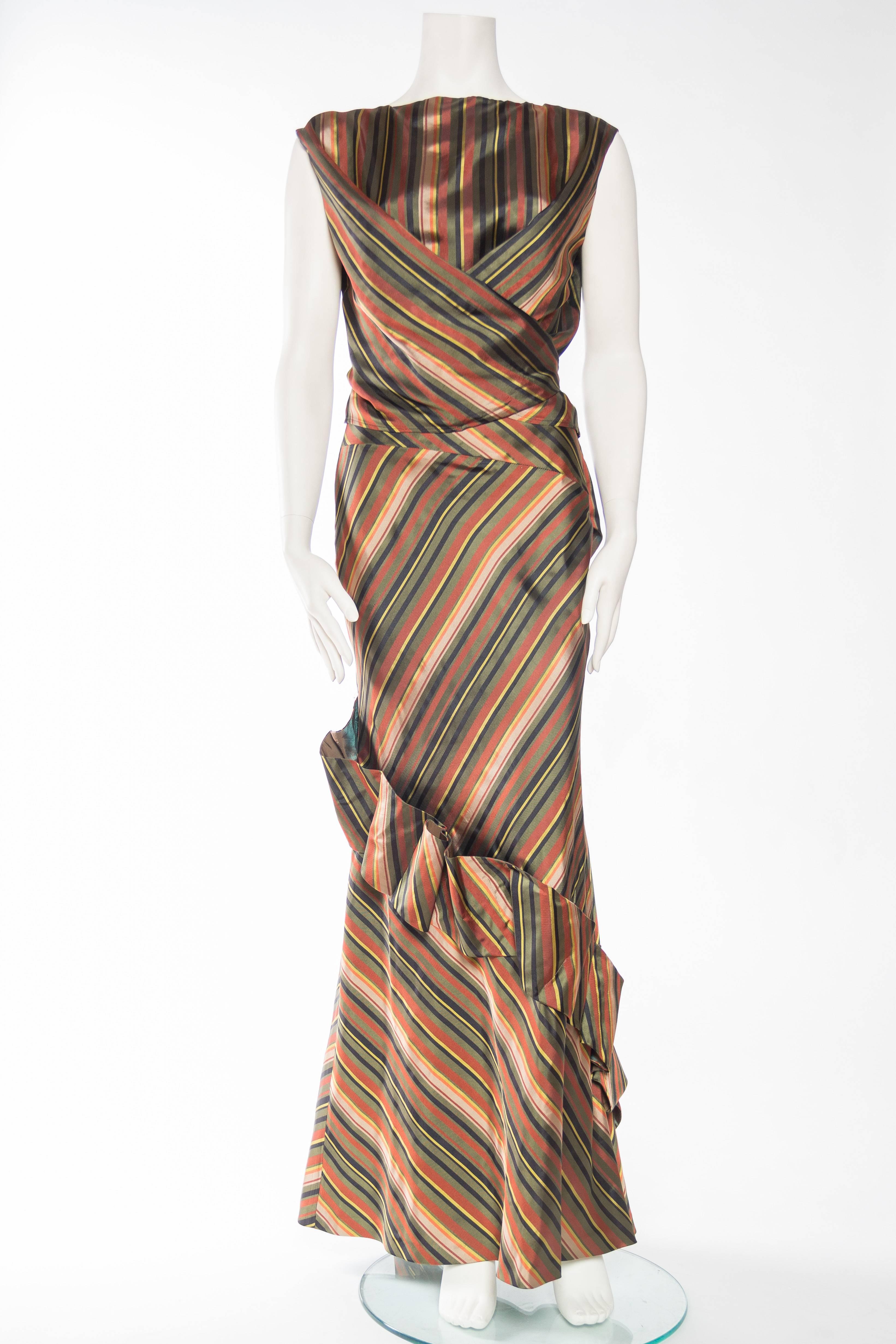 Tagged a European size 40 1990S KENZO Dark Green & Copper Striped Silk Blend Skirt Top Bias Cut 2 Piece Gown 
