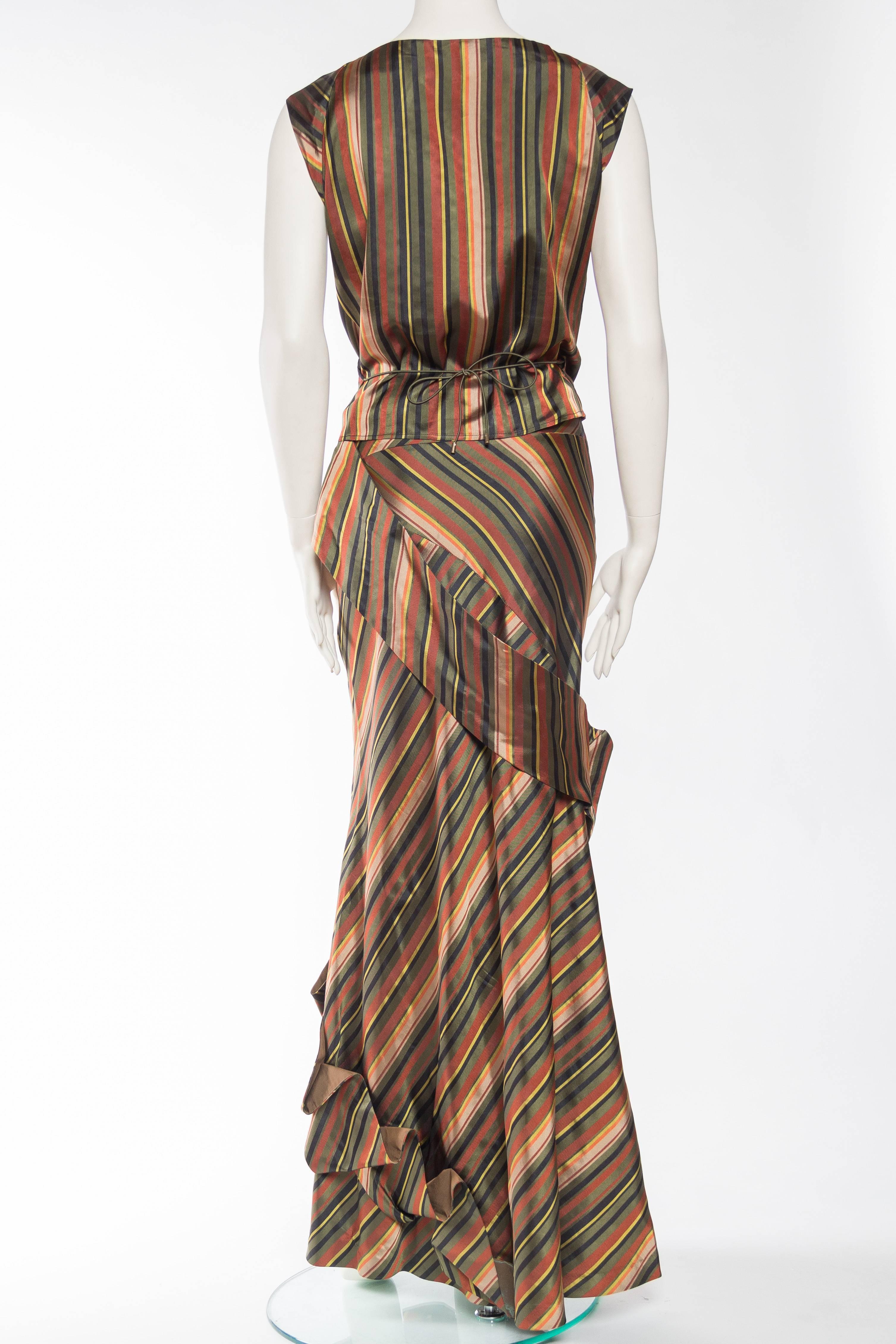 Brown 1990S KENZO Dark Green & Copper Striped Silk Blend Bias Cut Skirt Top 2 Piece G
