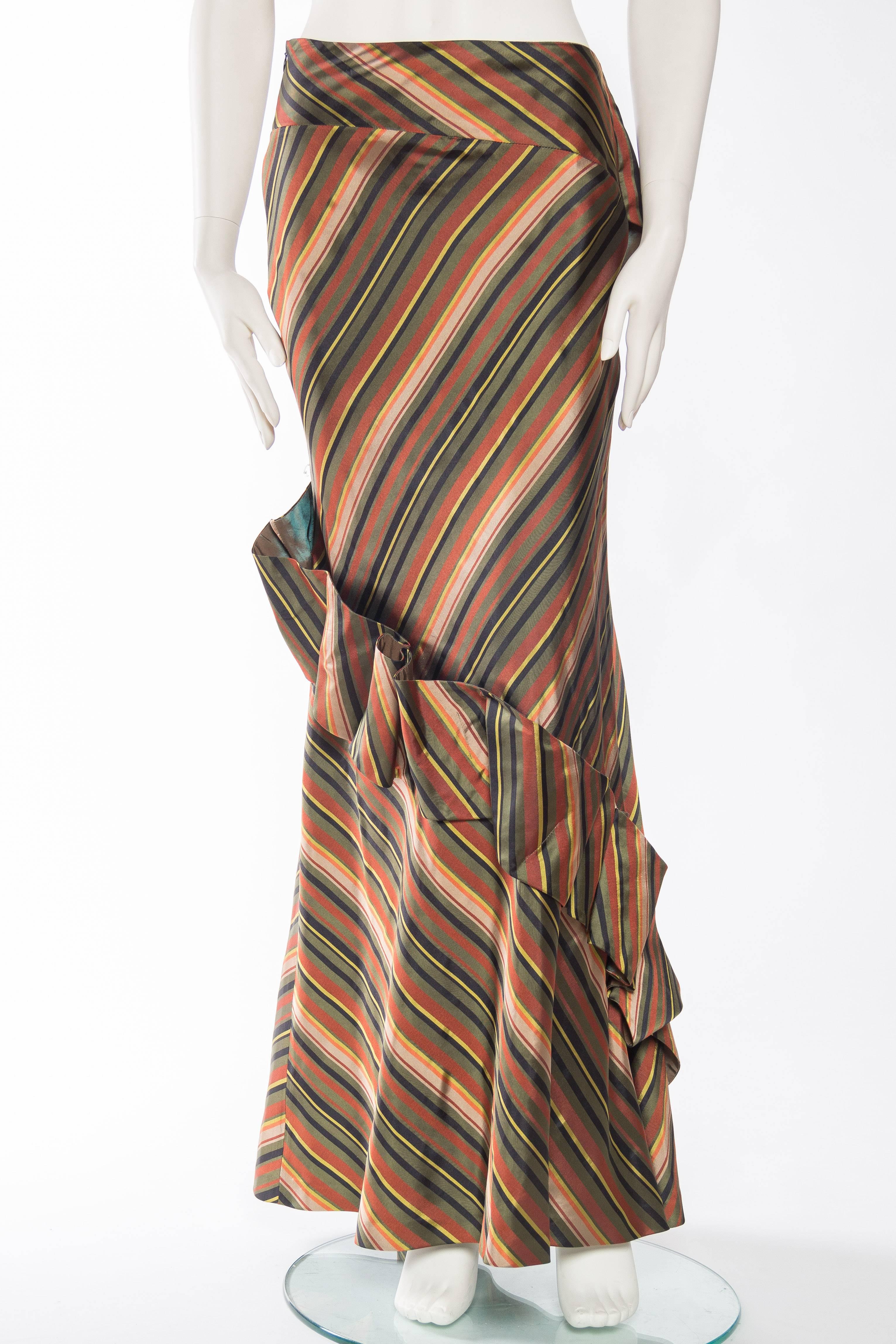 1990S KENZO Dark Green & Copper Striped Silk Blend Bias Cut Skirt Top 2 Piece G 2