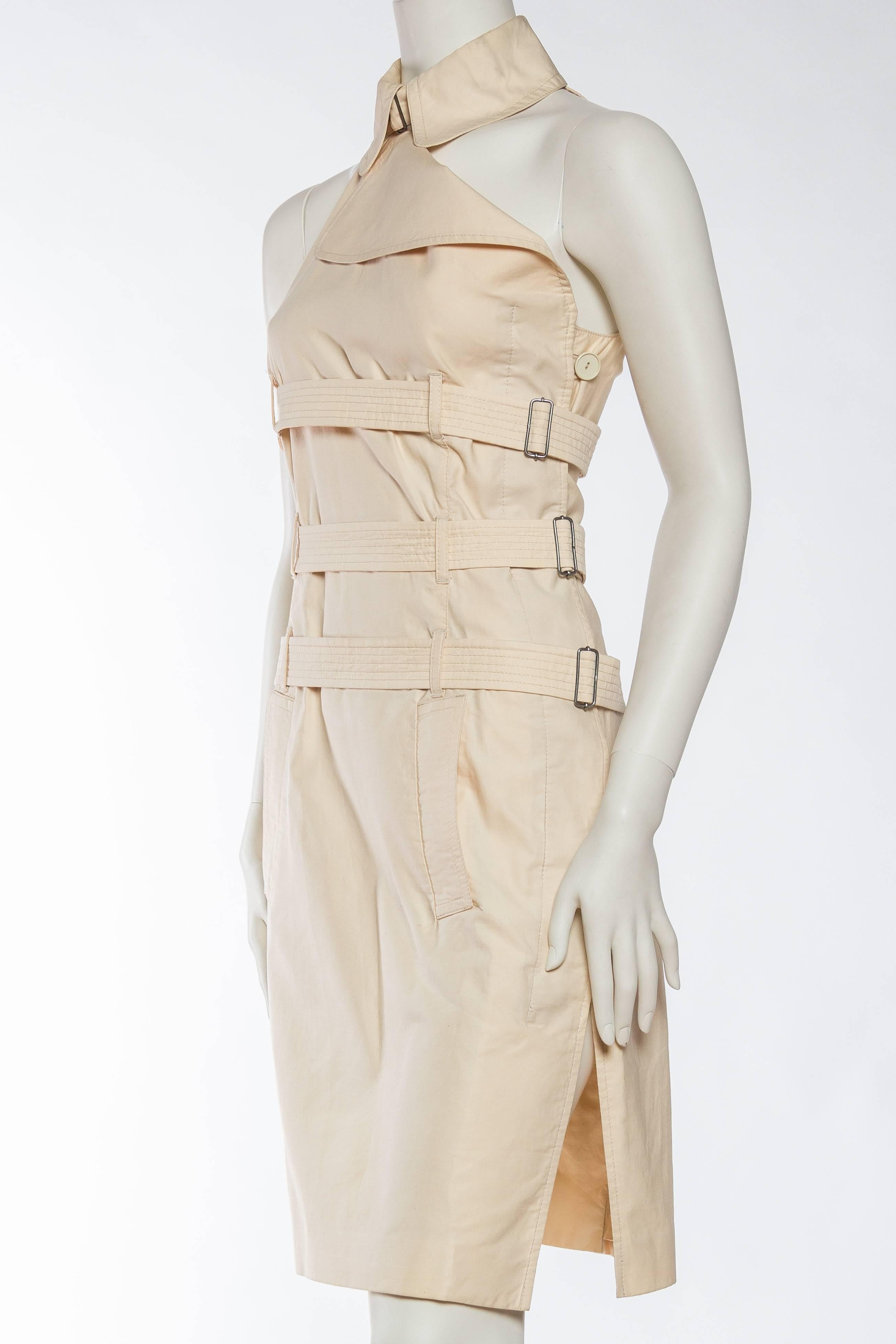 1990S JEAN PAUL GAULTIER Beige Cotton Bondage Strap Trench Coat Inspired Dress In Excellent Condition In New York, NY