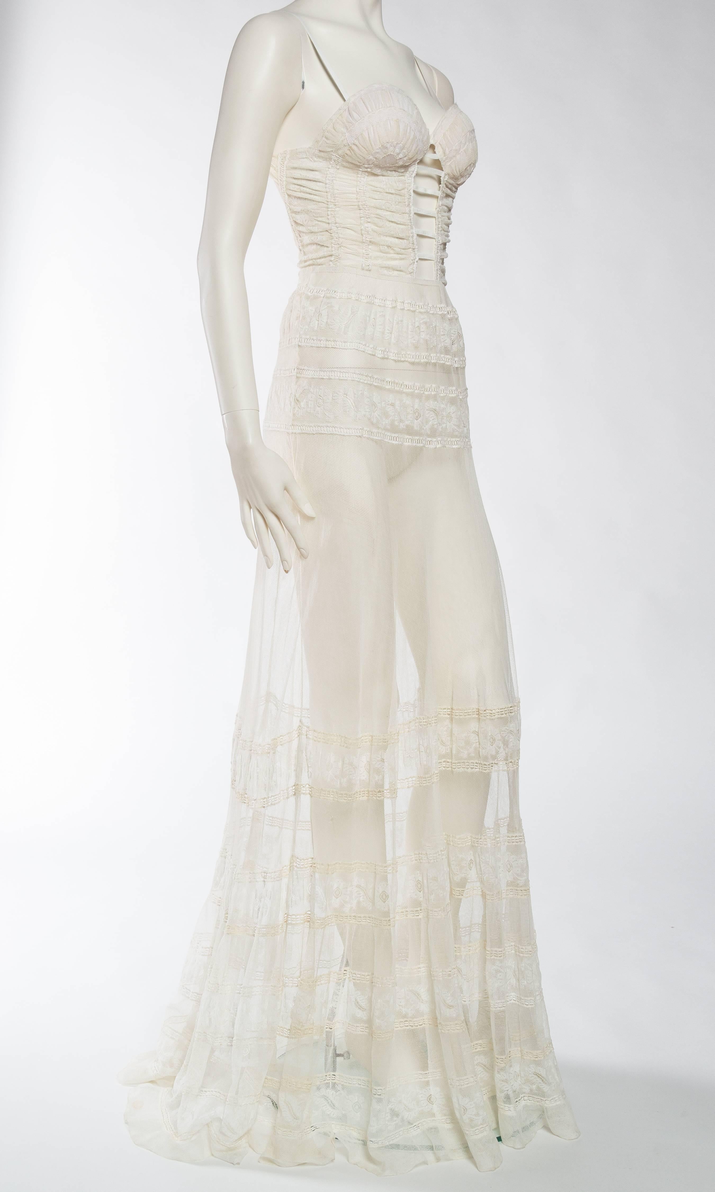 Beige Rebuilt Victorian Net & Lace Tea Gown