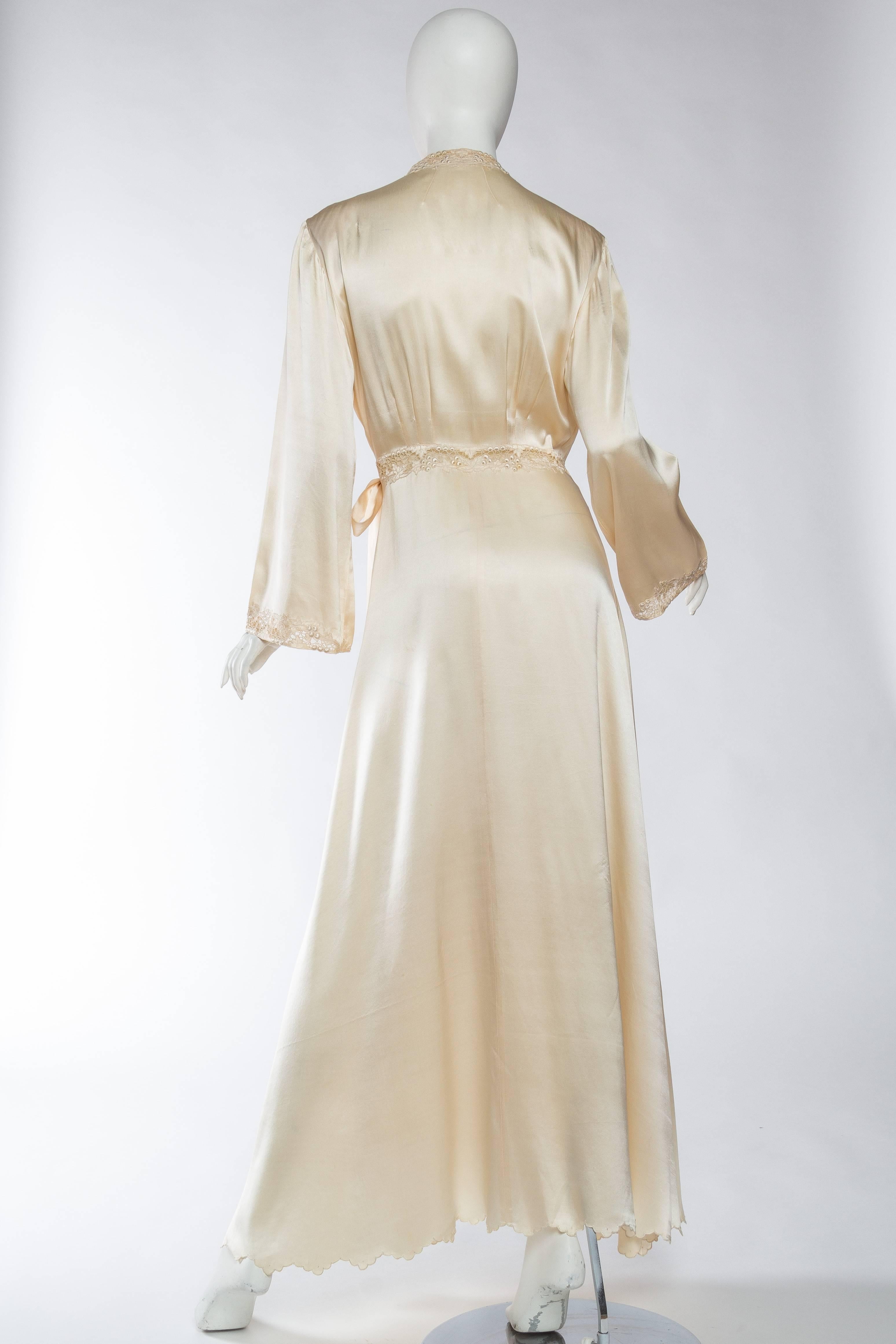 Beige Exquisite Antique Hand Embroidered Couture Silk Dressing Gown