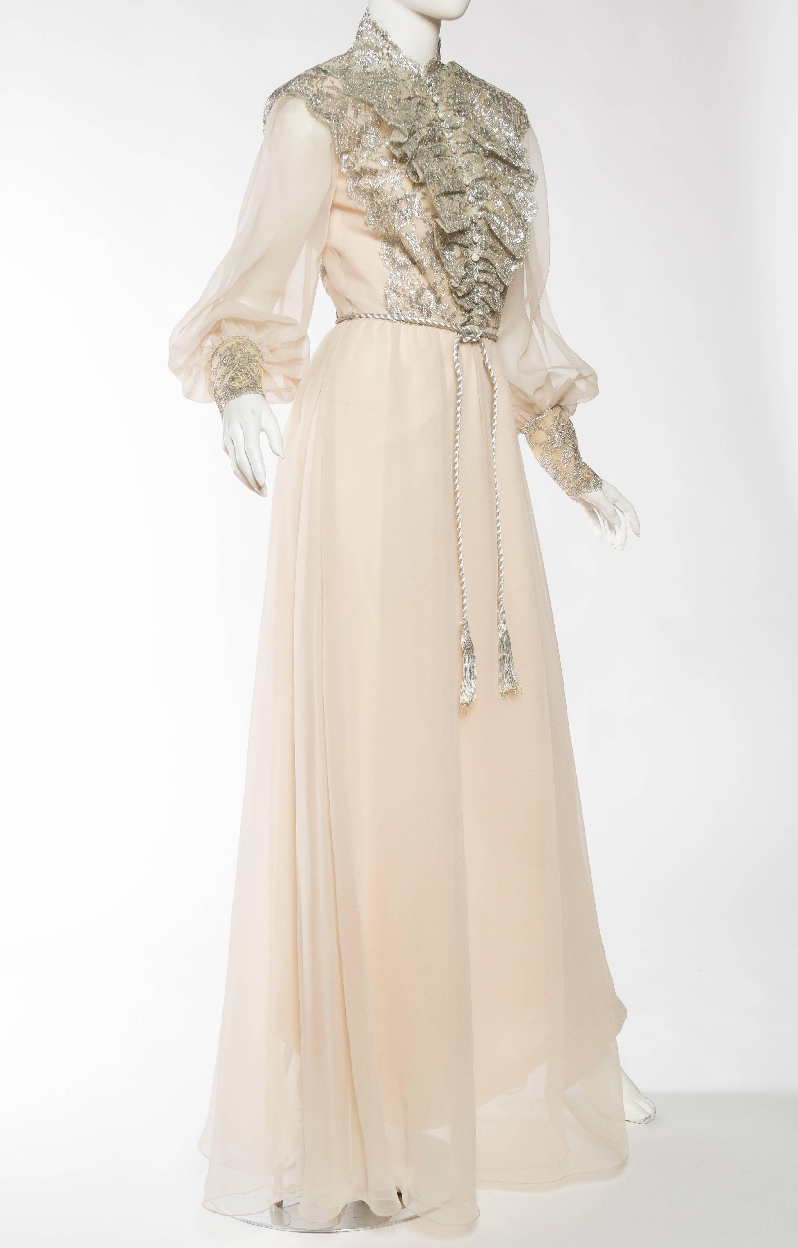 1970s Gucci Style Chiffon Gown with Metallic Silver Lace by Estevez In Excellent Condition In New York, NY