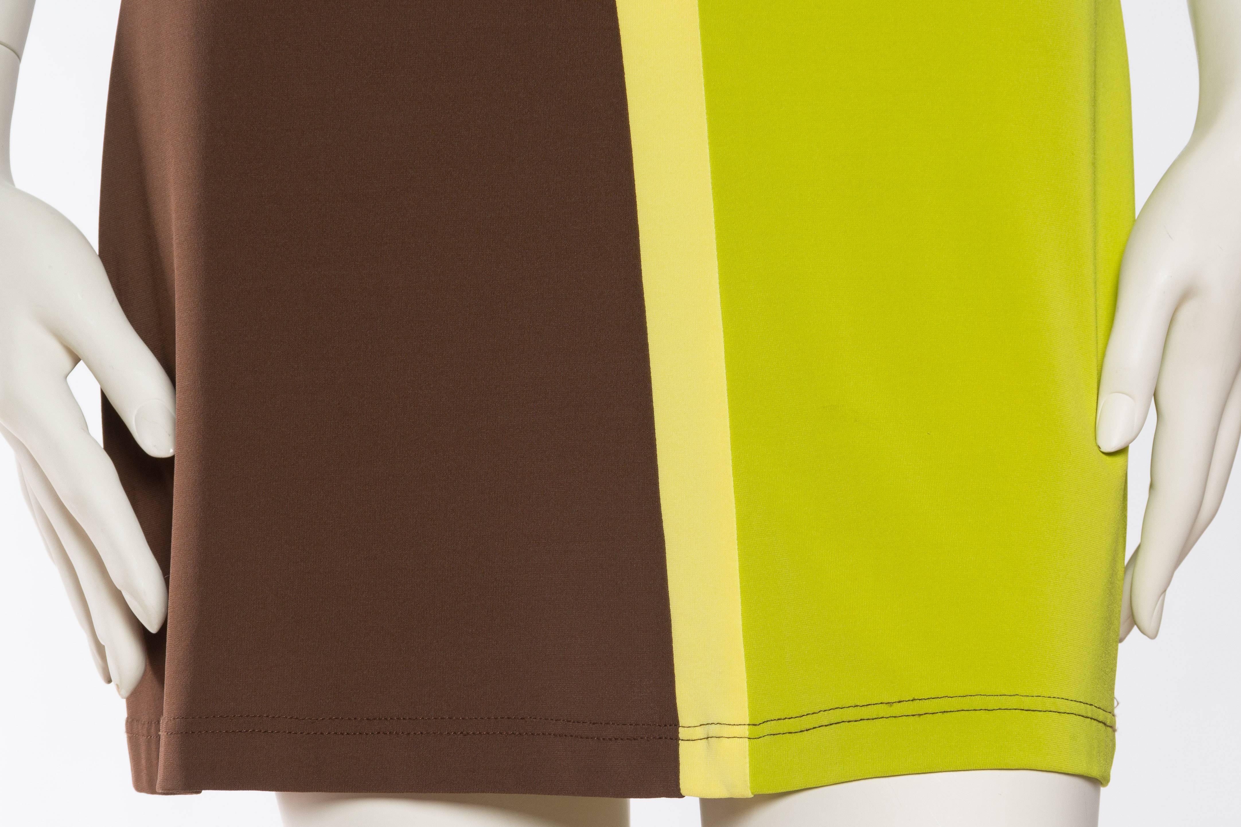1990S Plein Sud Lime Green & Brown Rayon Blend Jersey Mini Dress 1