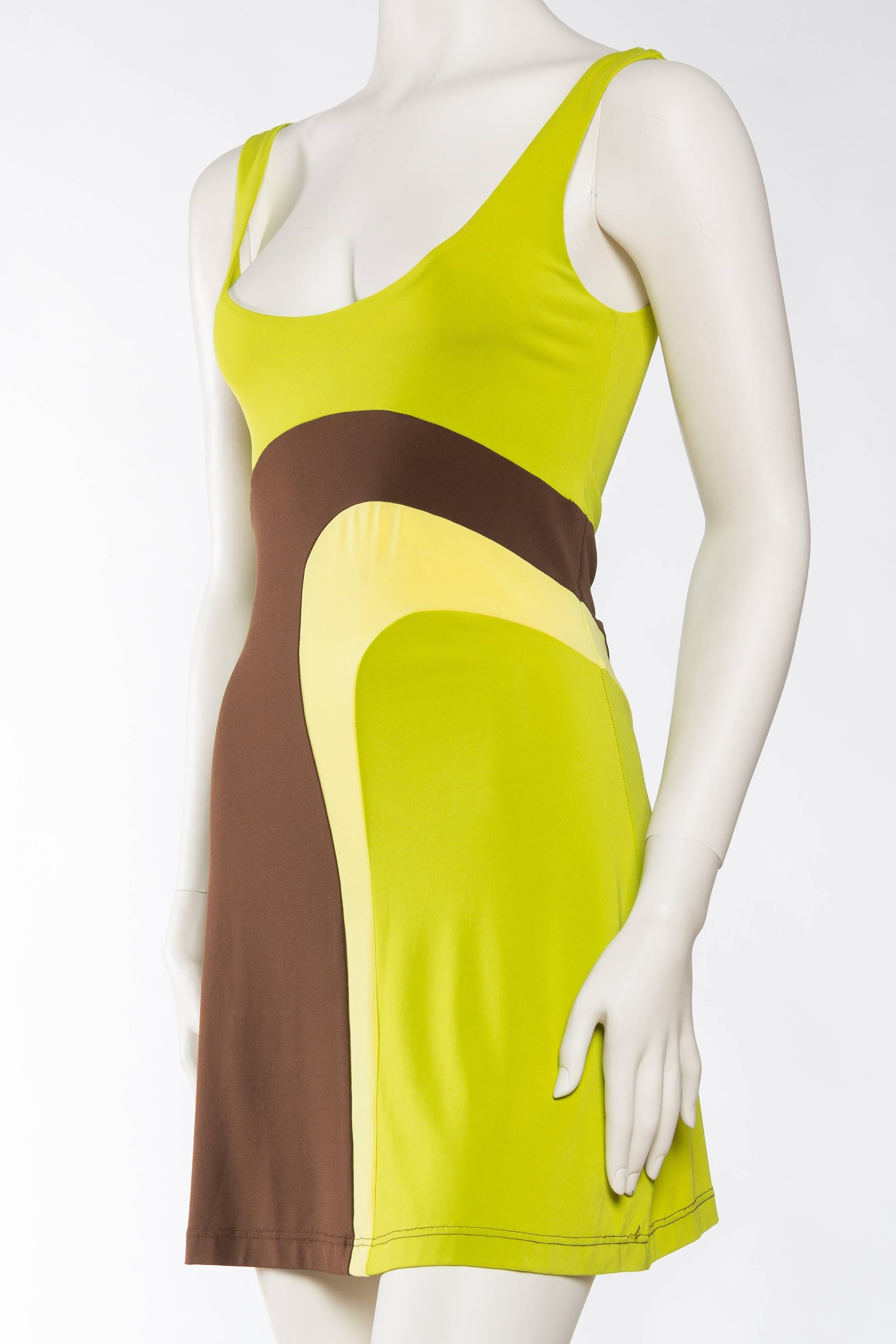 Yellow 1990S Plein Sud Lime Green & Brown Rayon Blend Jersey Mini Dress