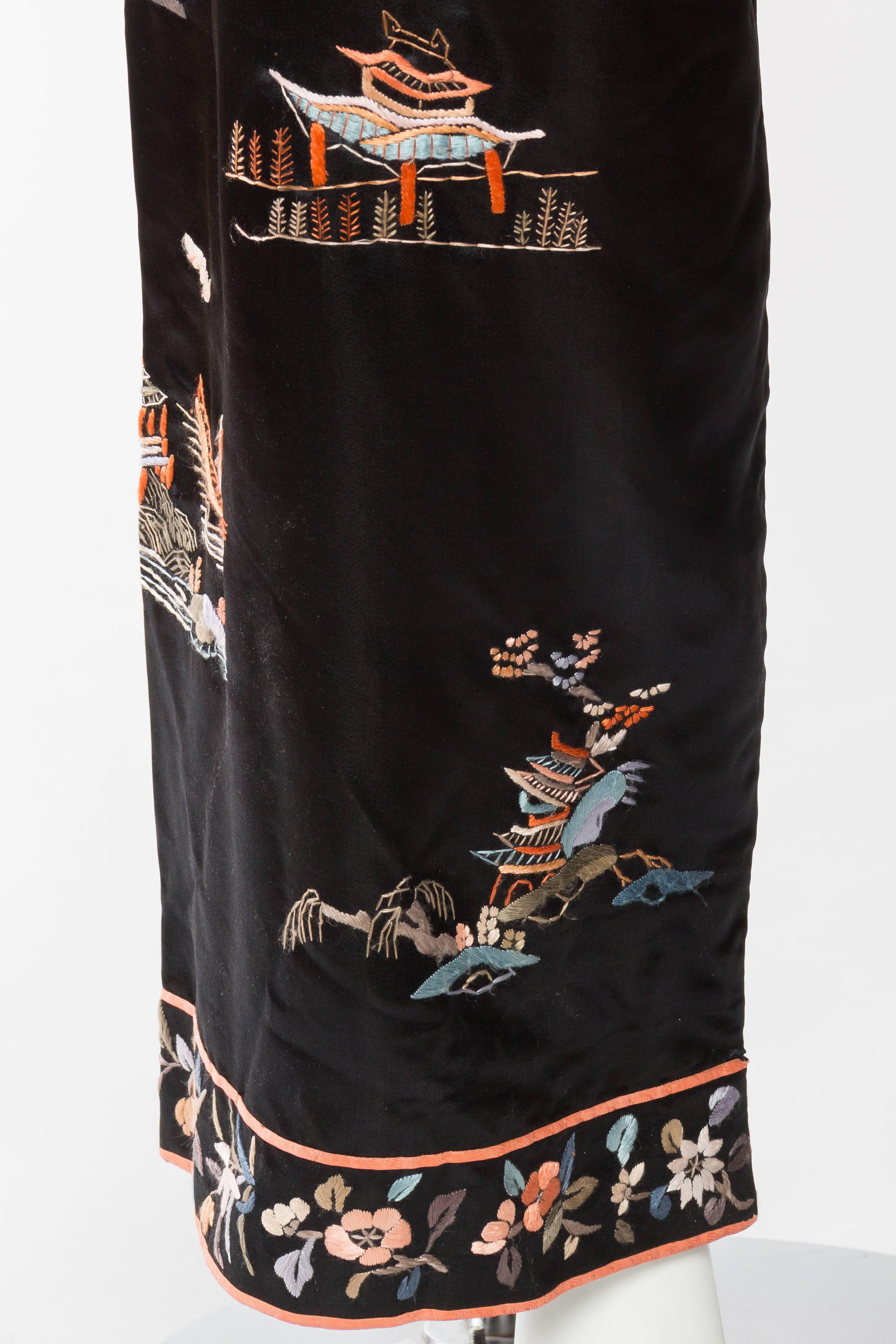 1920S Black Silk Satin Chinese Embroidered Pajamas Set 1