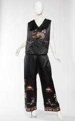 1920S Black Silk Satin Chinese Embroidered Pajamas Set