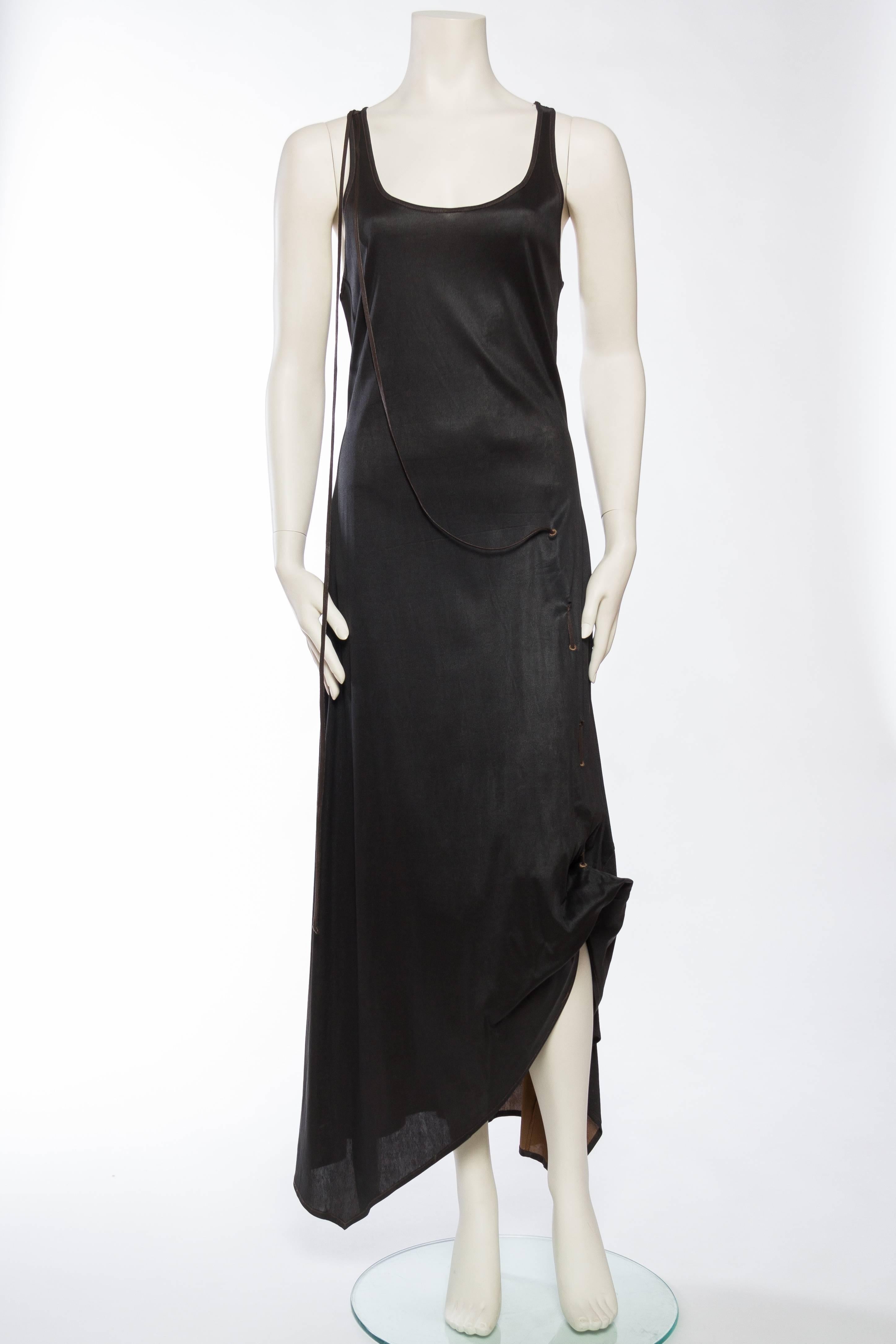 1990S JEAN PAUL GAULTIER Brown Waxed Polyester Jersey Asymmetrical Tank Dress With Adjustable Slit