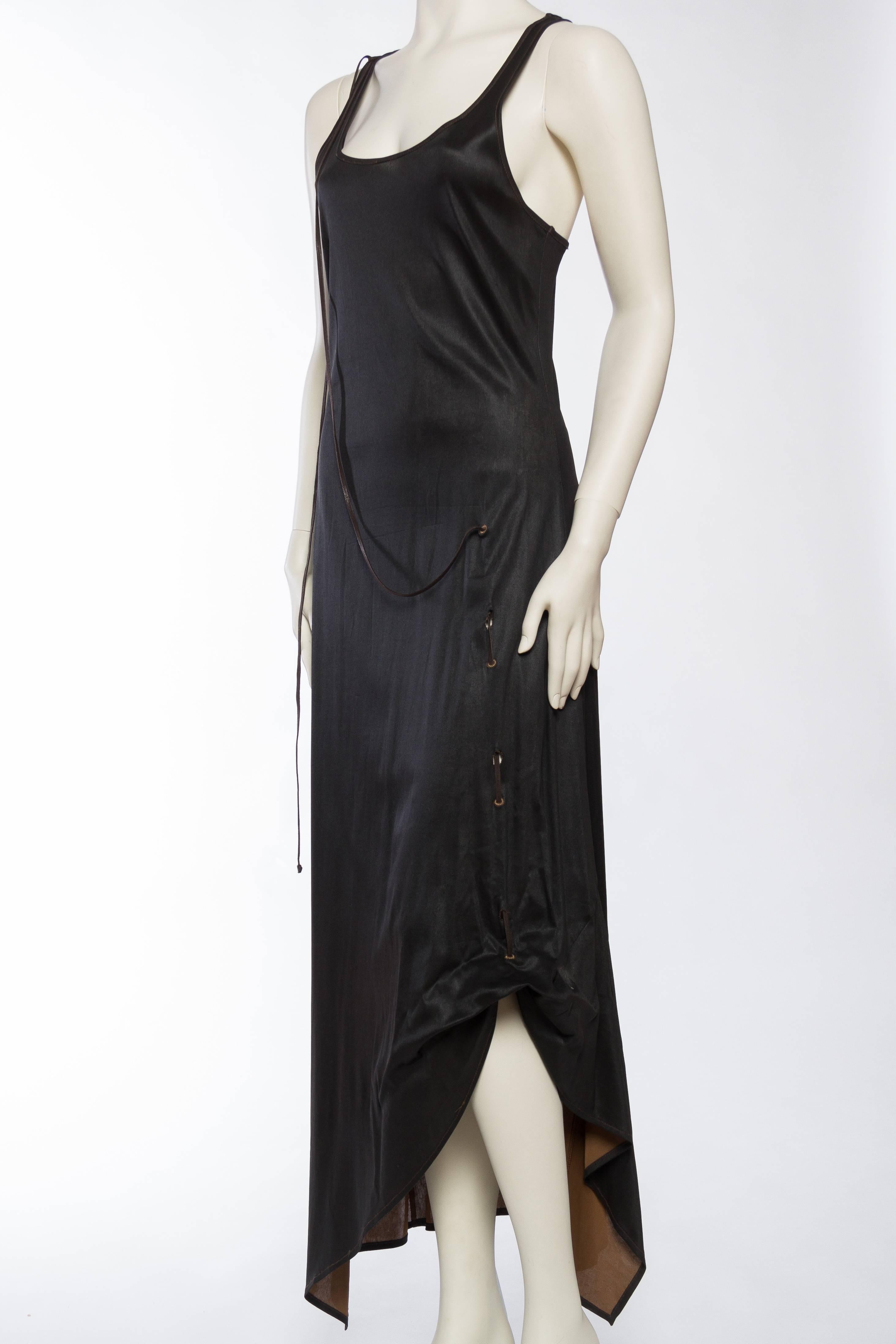 1990S JEAN PAUL GAULTIER Brown Waxed Polyester Jersey Asymmetrical Tank Dress W In Excellent Condition In New York, NY