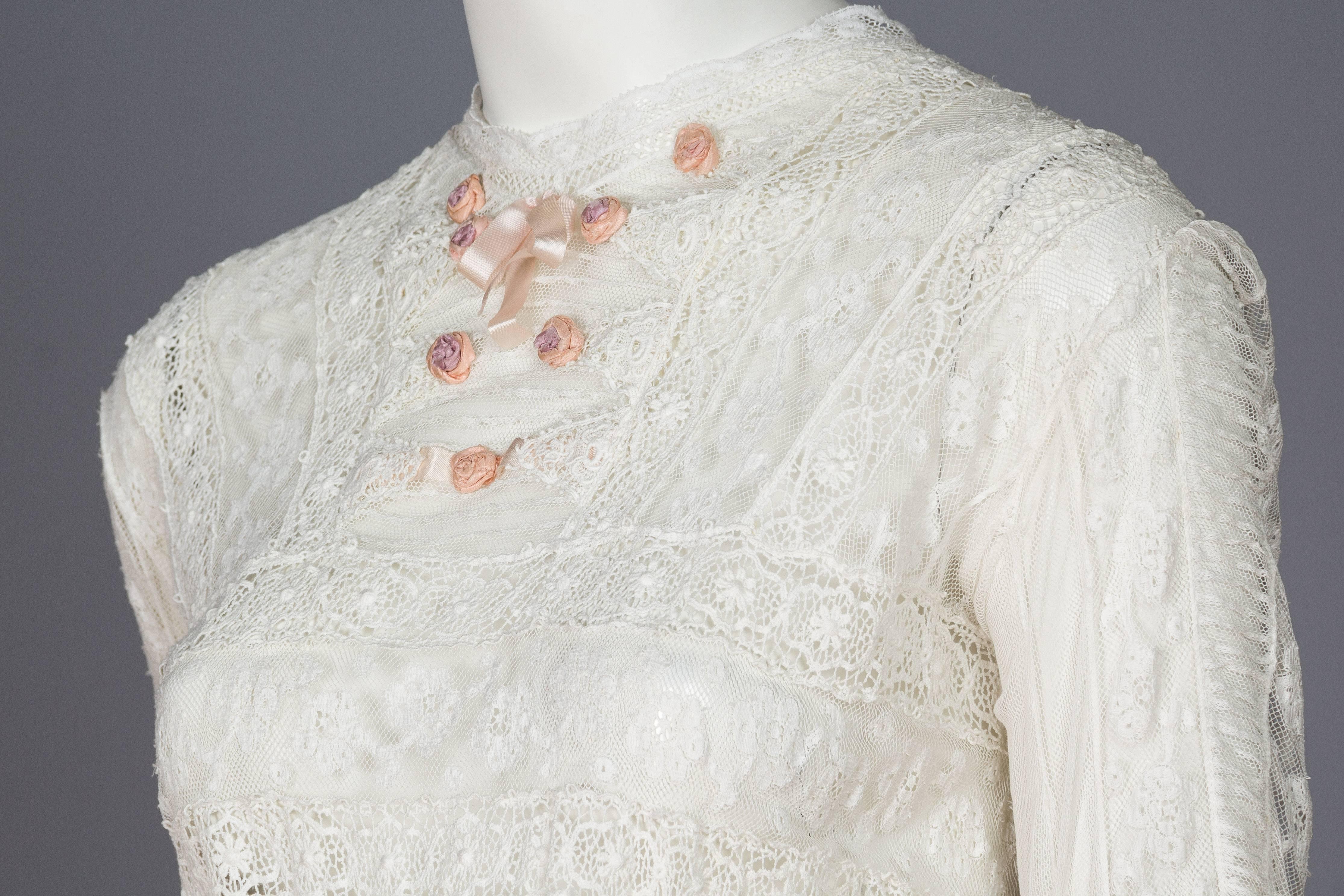 1900S Ivory Cotton Tulle & Lace Antique Tea Dress With Exceptional Detailing For Sale 2
