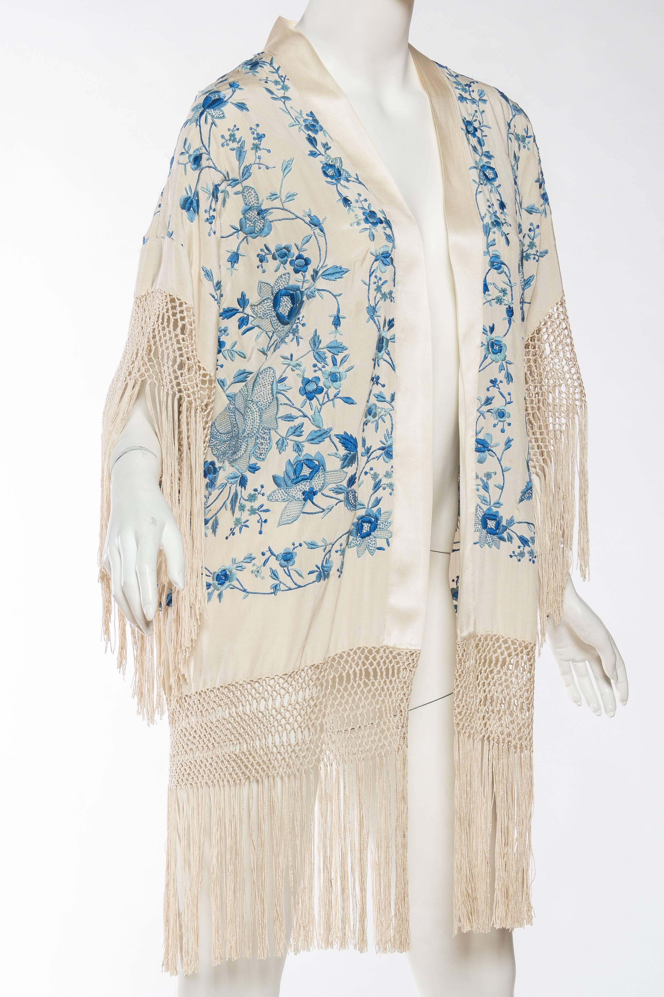 Gray Fringed Kimono Jacket Made from a Hand Embroidered Chinese Shawl