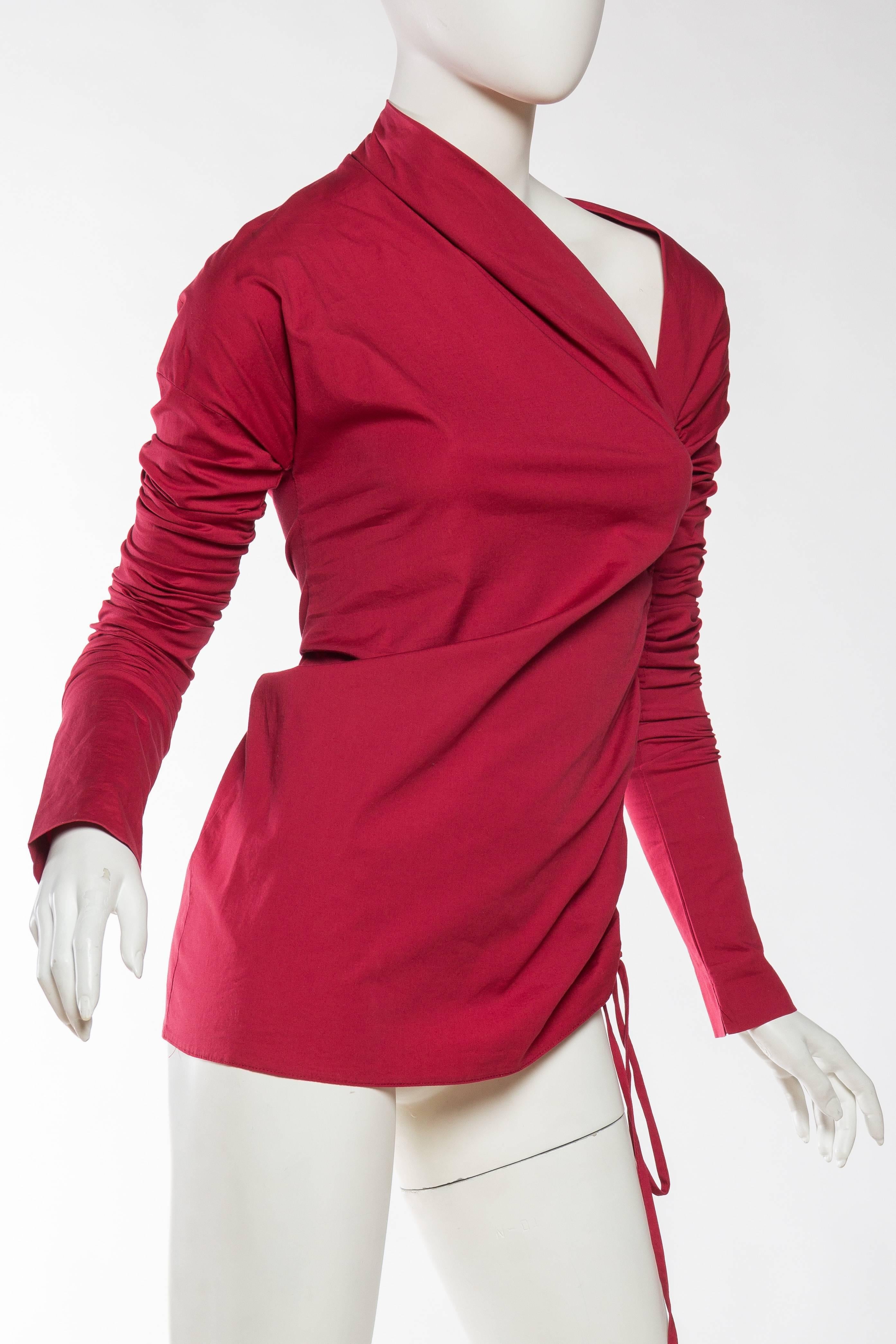 Red 1990s Romeo Gigli Ruched Cotton Blouse