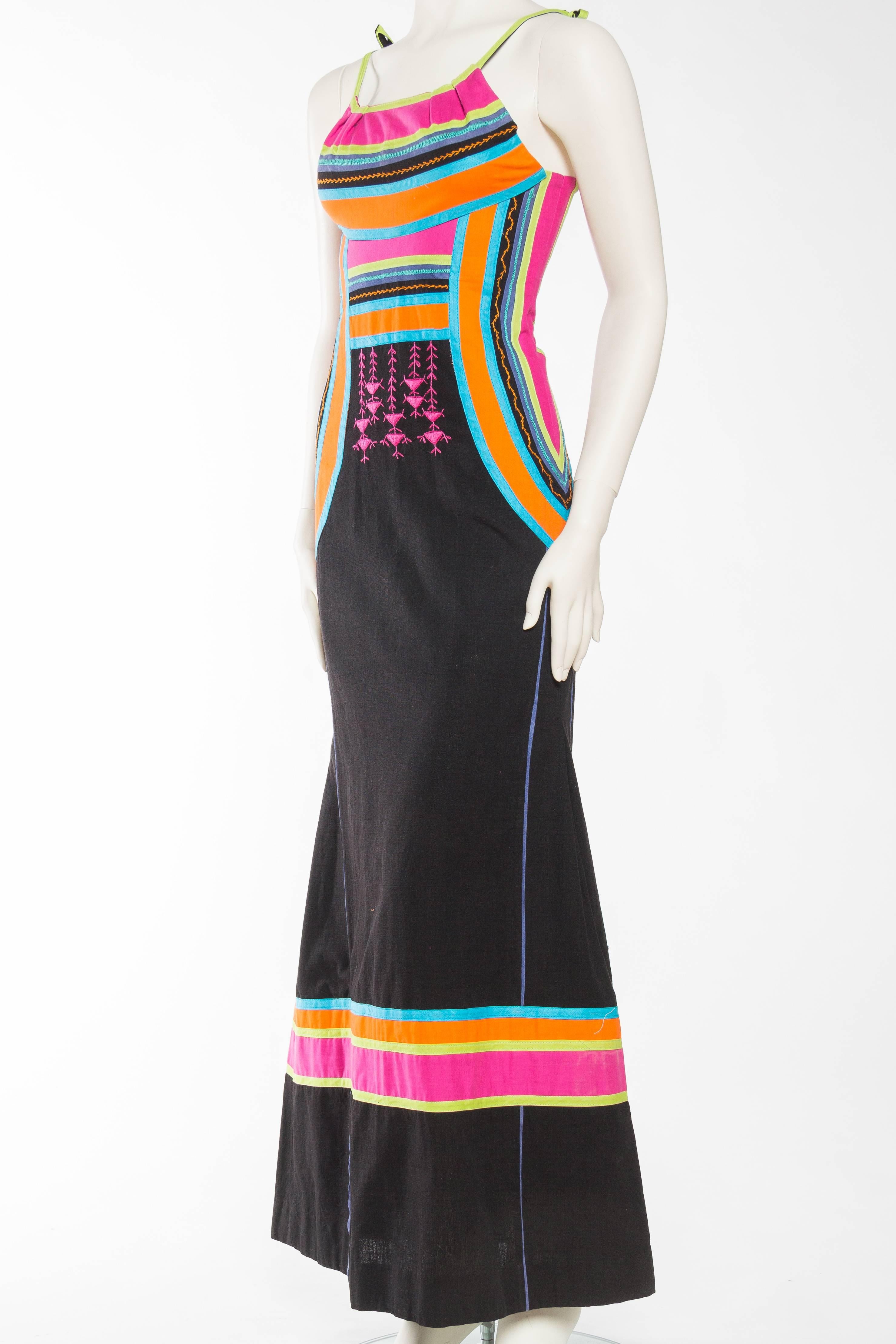 MORPHEW COLLECTION Black Cotton Maxi Dress With Neon Appliqué & Embroidery In Excellent Condition For Sale In New York, NY