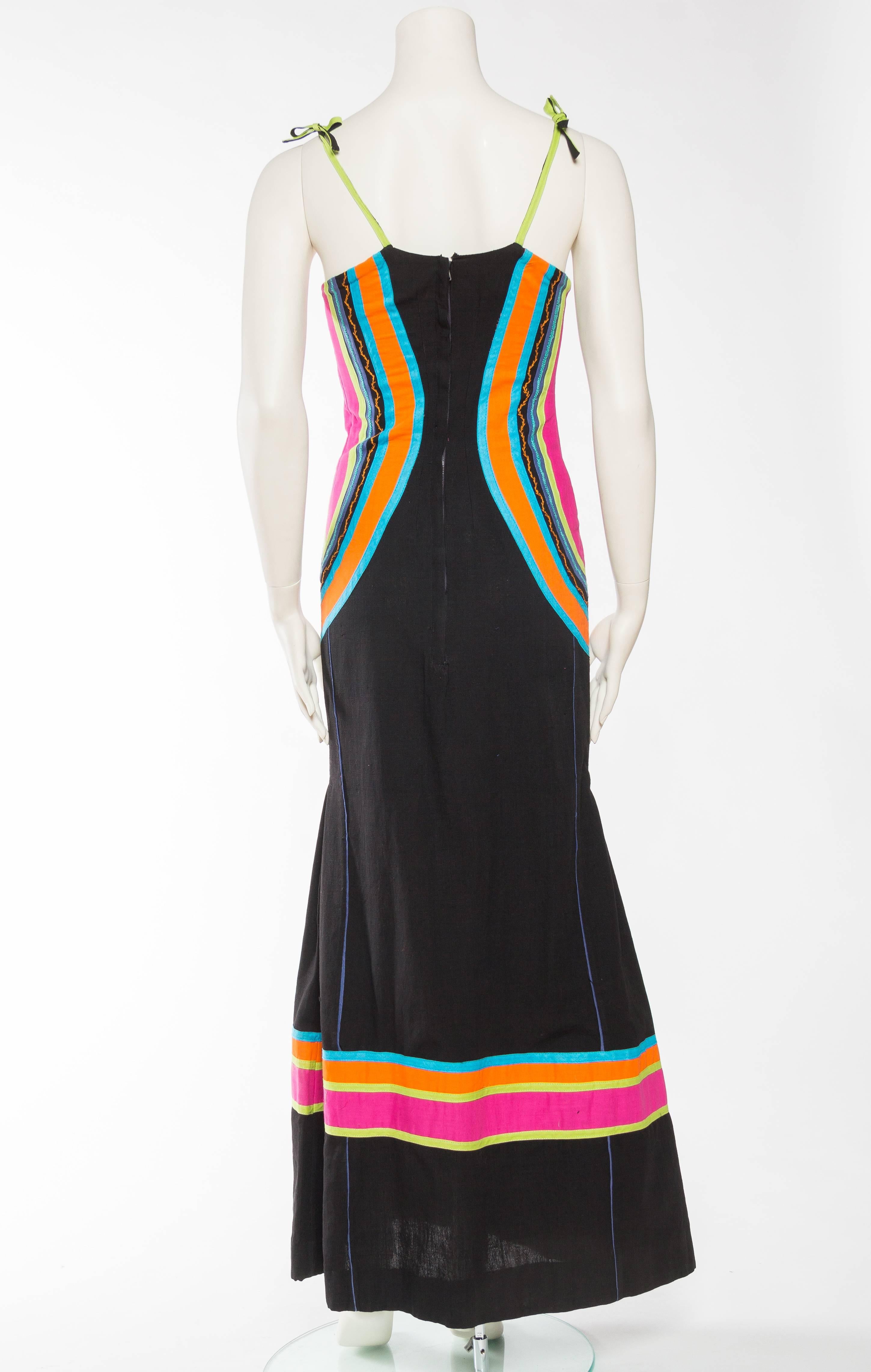 Women's MORPHEW COLLECTION Black Cotton Maxi Dress With Neon Appliqué & Embroidery For Sale