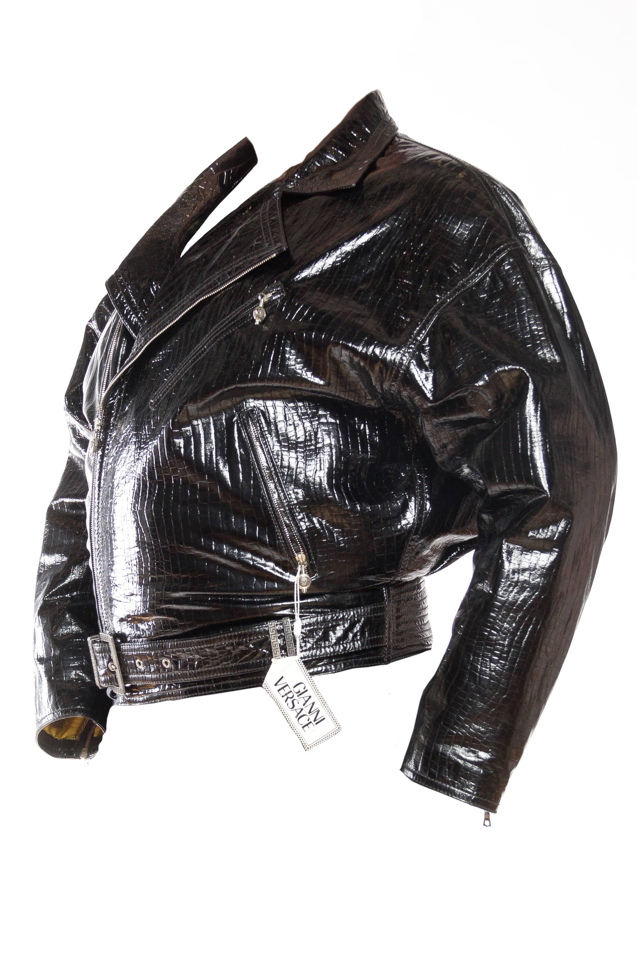 1990s Gianni Versace Croc Embossed Shiny Bomber Biker Jacket In Excellent Condition In New York, NY