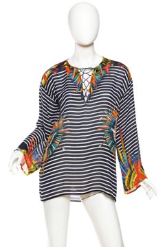 2000'S JEAN PAUL GAULTIER Blue & White Rayon Tropical Feather Print Long Sleeve