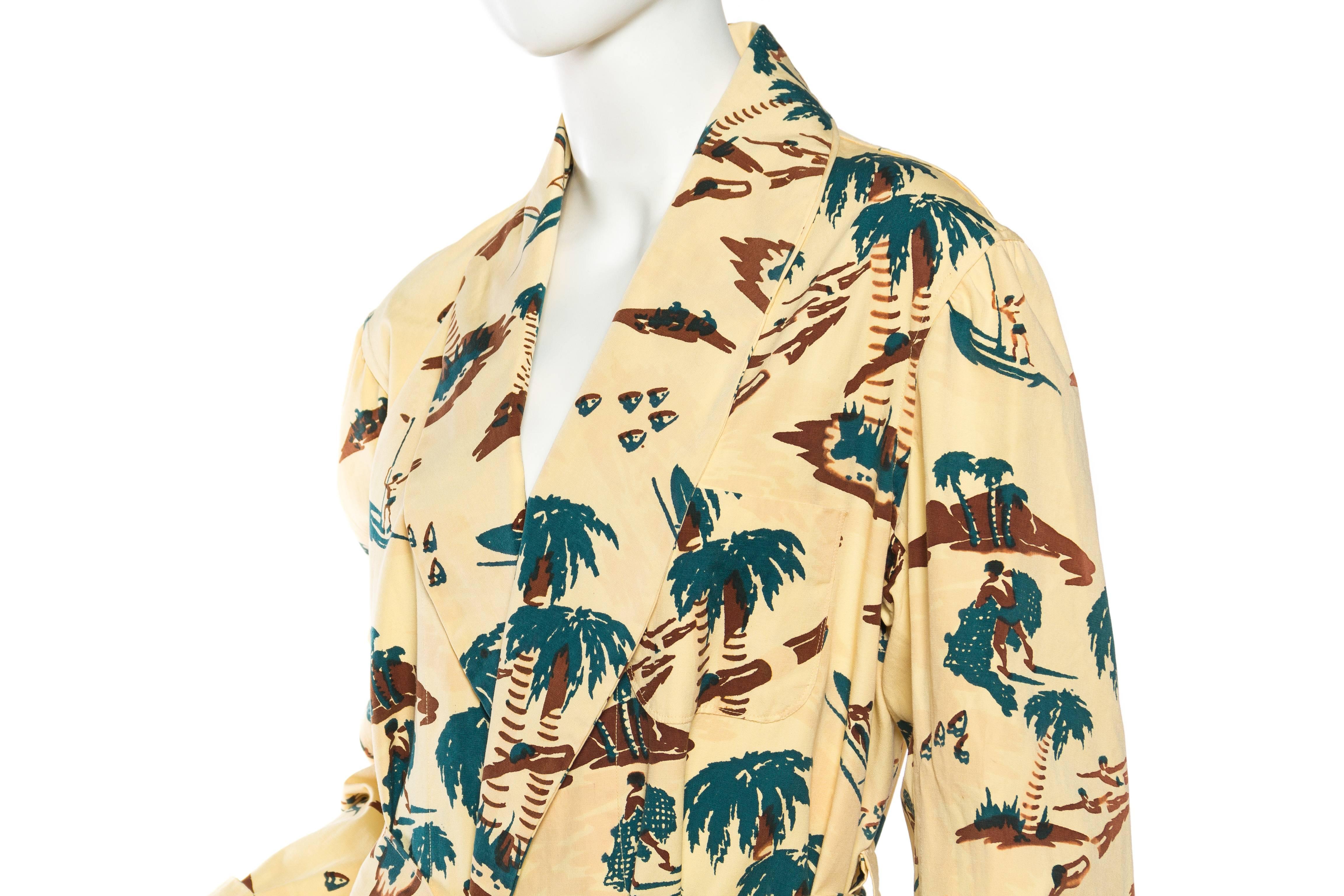 Women's 1940S Pale Yellow Cotton Rare Hawaiian Tropical Print Surfer Robe
