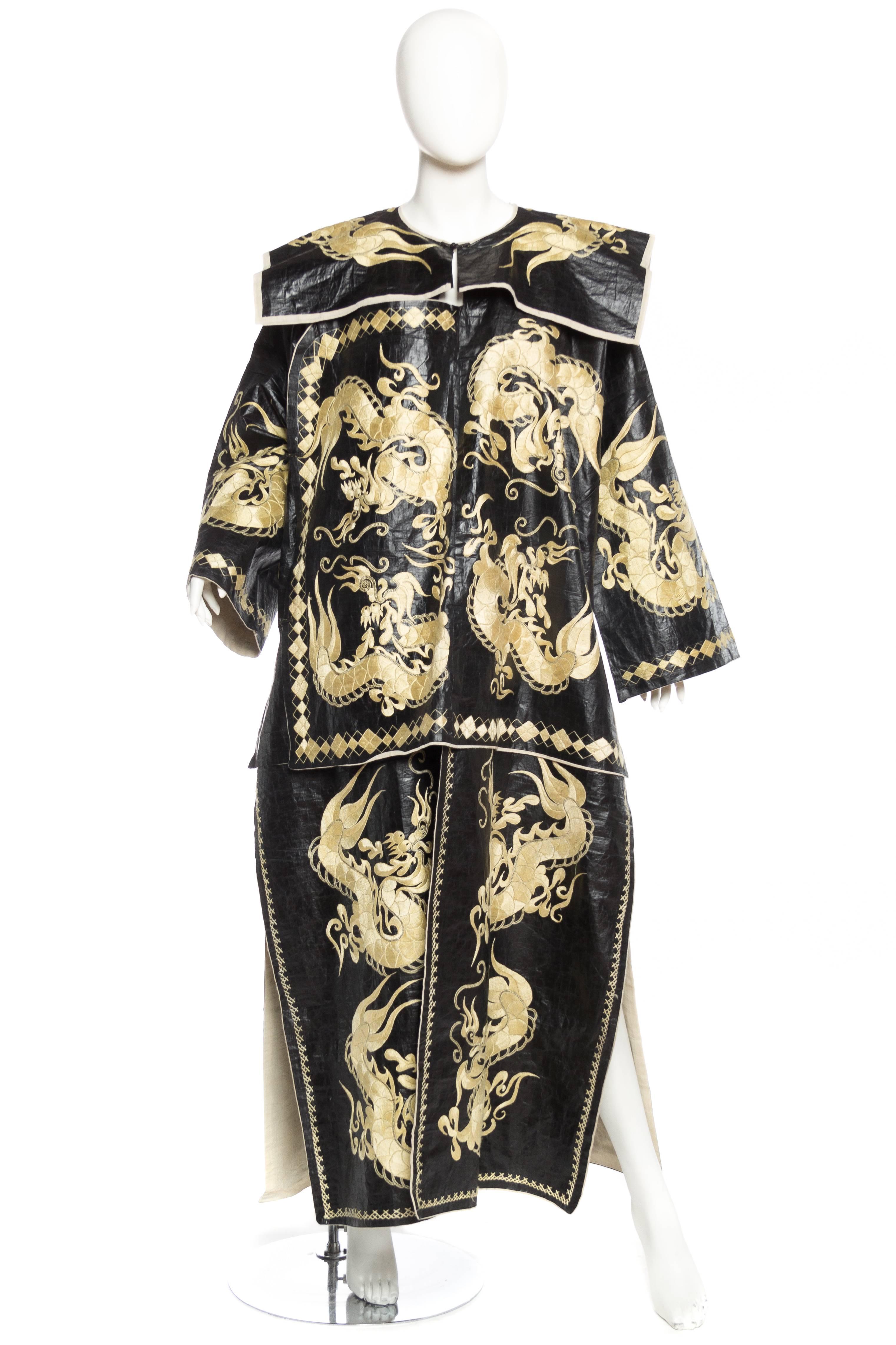 Black Kimono Style Embroidered Chinese Dragon Coat 