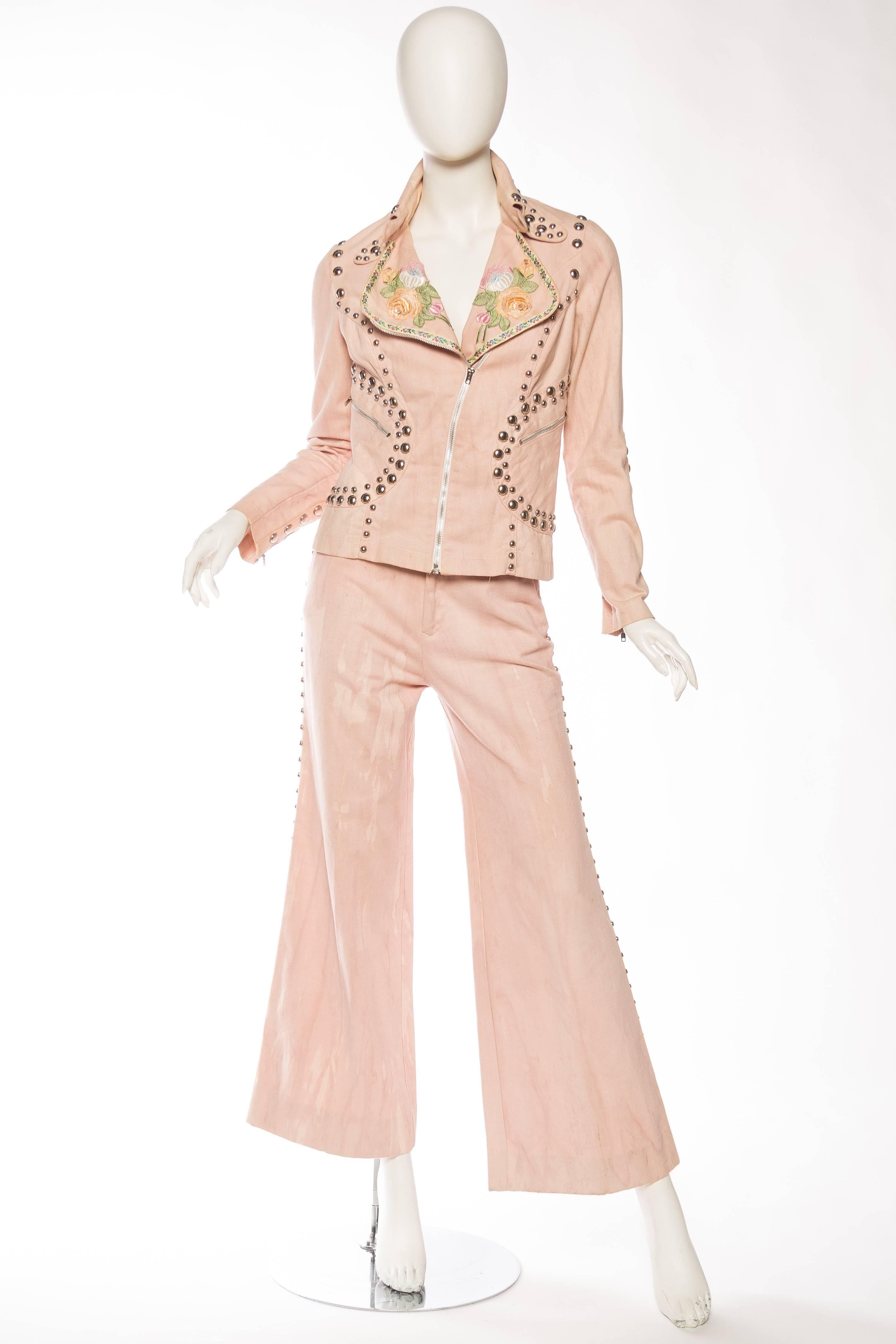 1970S RONCELLI Cotton Studded Denim Suit With Added Embroidered Trims And Ribbon Pant