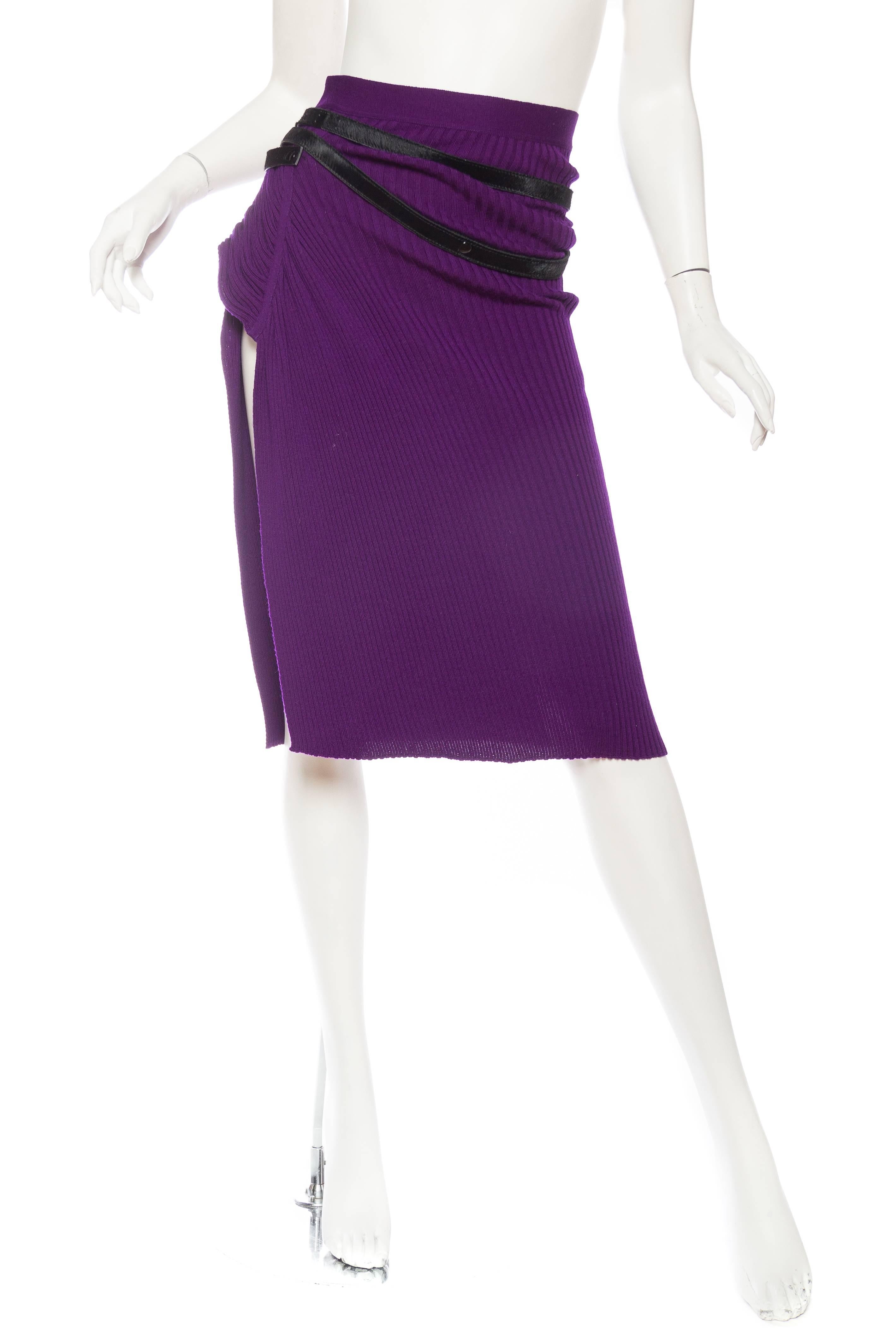 1990S JEAN PAUL GAULTIER Purple Wool Rib Knit  Skirt With Side Slit & Black Pon In Excellent Condition In New York, NY