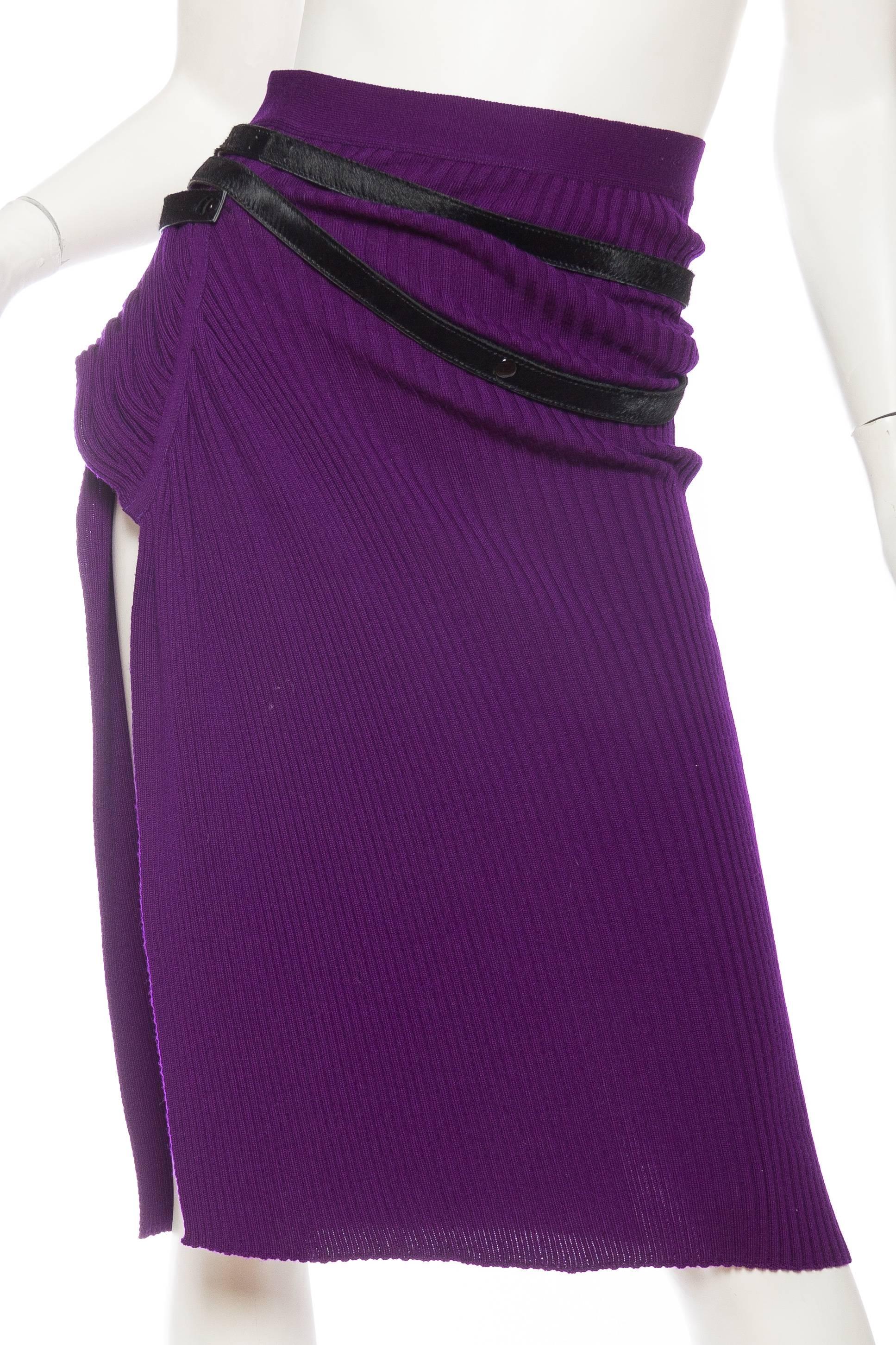 1990S JEAN PAUL GAULTIER Purple Wool Rib Knit  Skirt With Side Slit & Black Pony Hair Belt