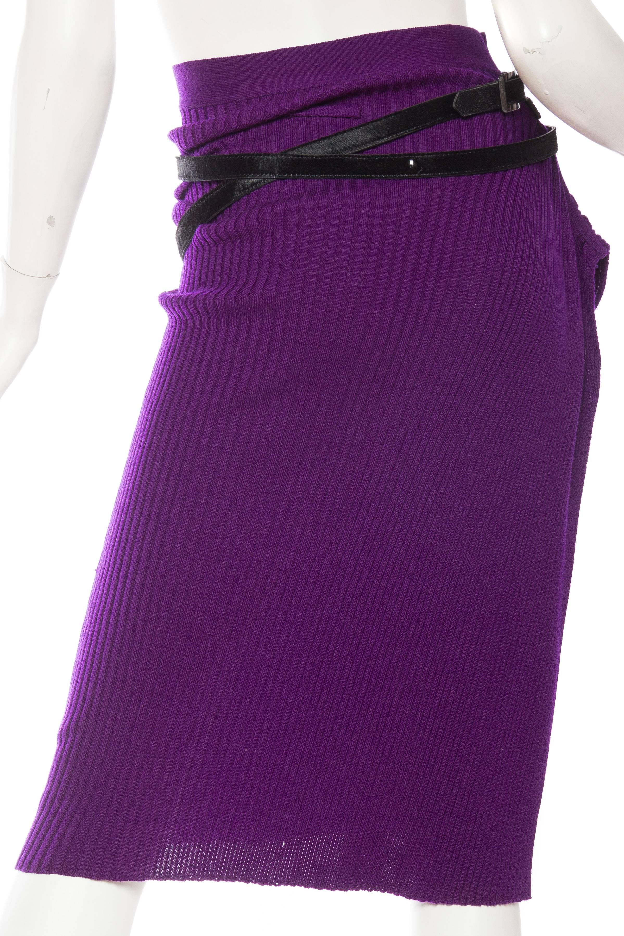 1990S JEAN PAUL GAULTIER Purple Wool Rib Knit  Skirt With Side Slit & Black Pon 3