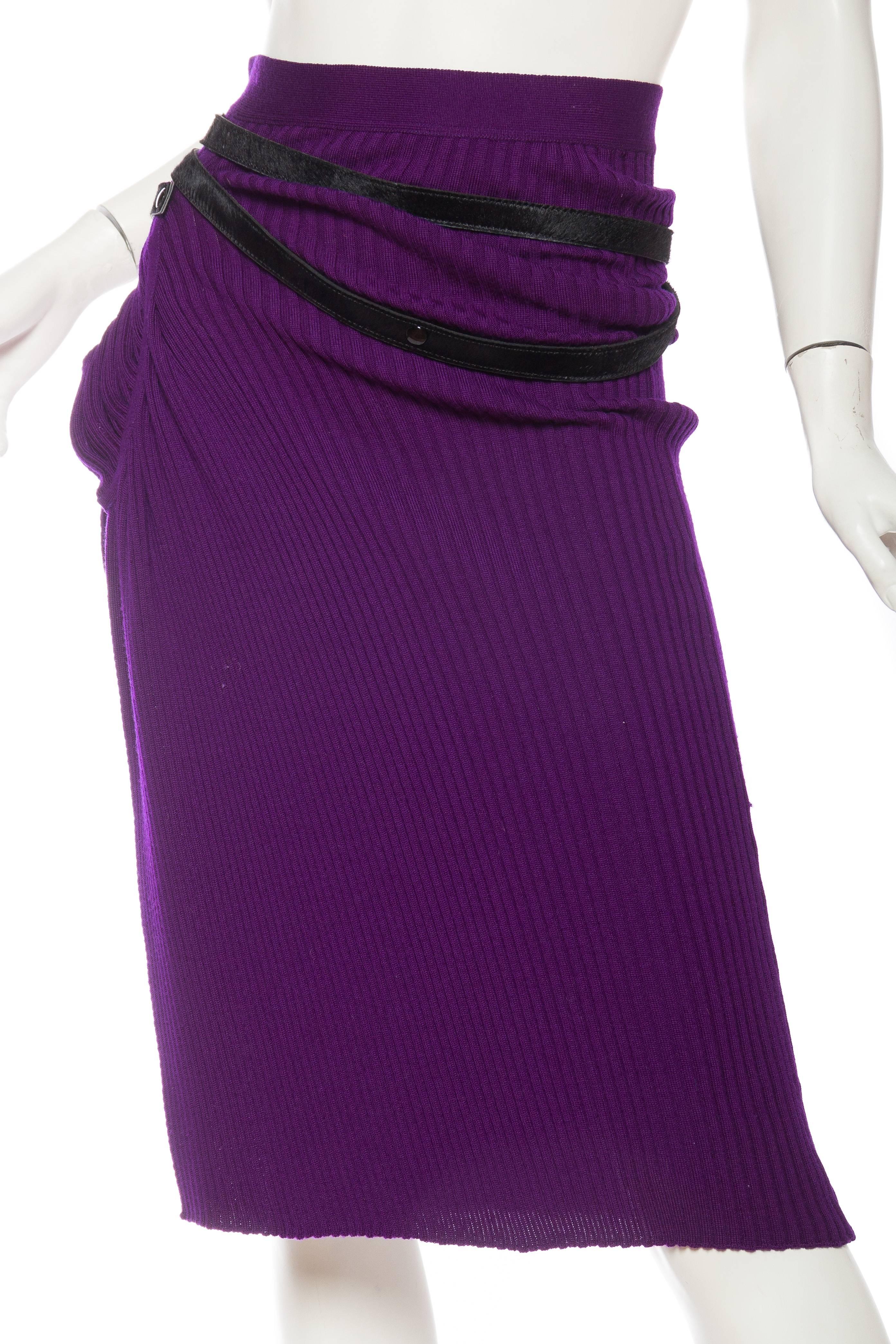 1990S JEAN PAUL GAULTIER Purple Wool Rib Knit  Skirt With Side Slit & Black Pon 2