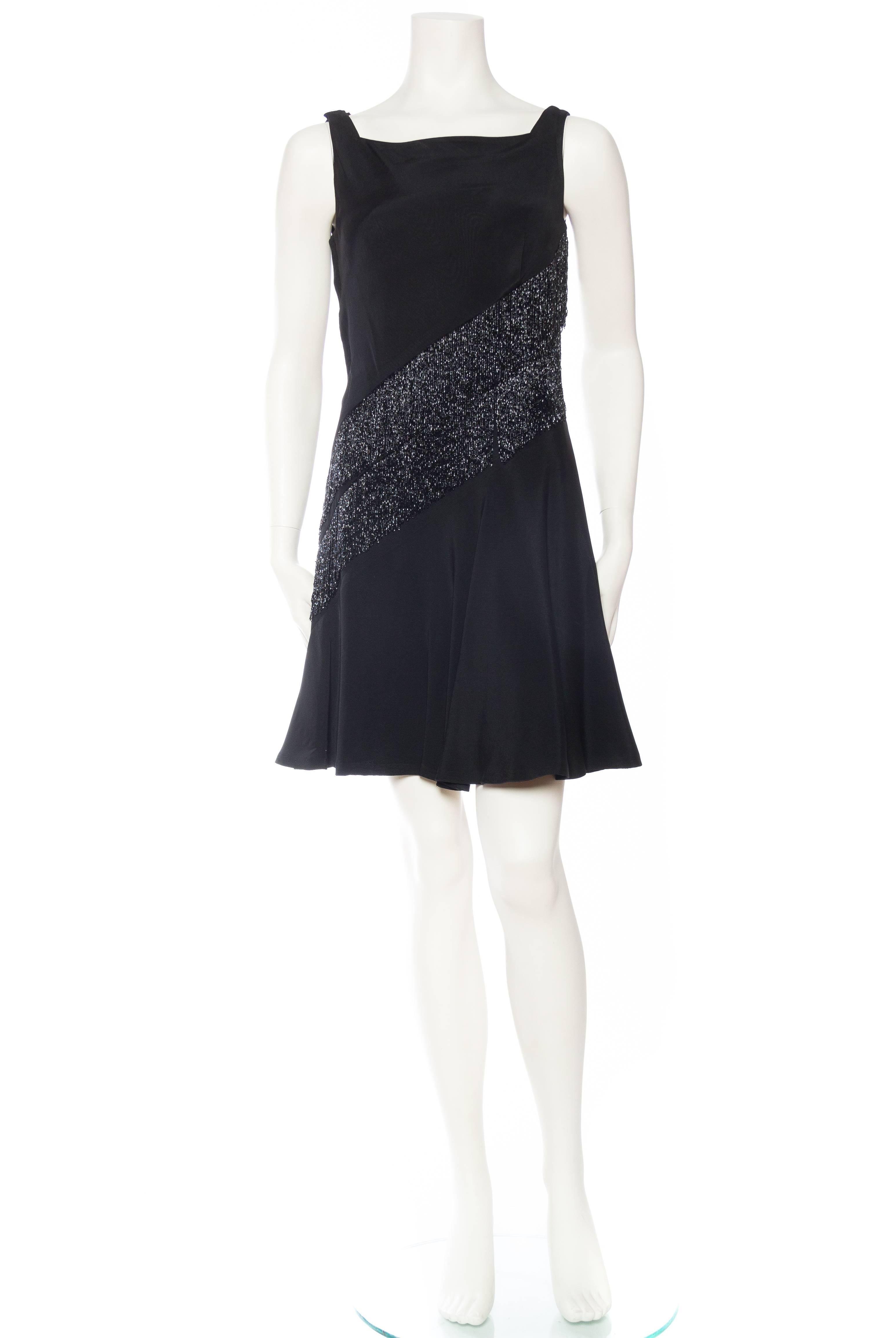 Women's 1960S MR BLACKWELL Black Silk Faille Bias Beaded Fringe Mod Cocktail Dress For Sale