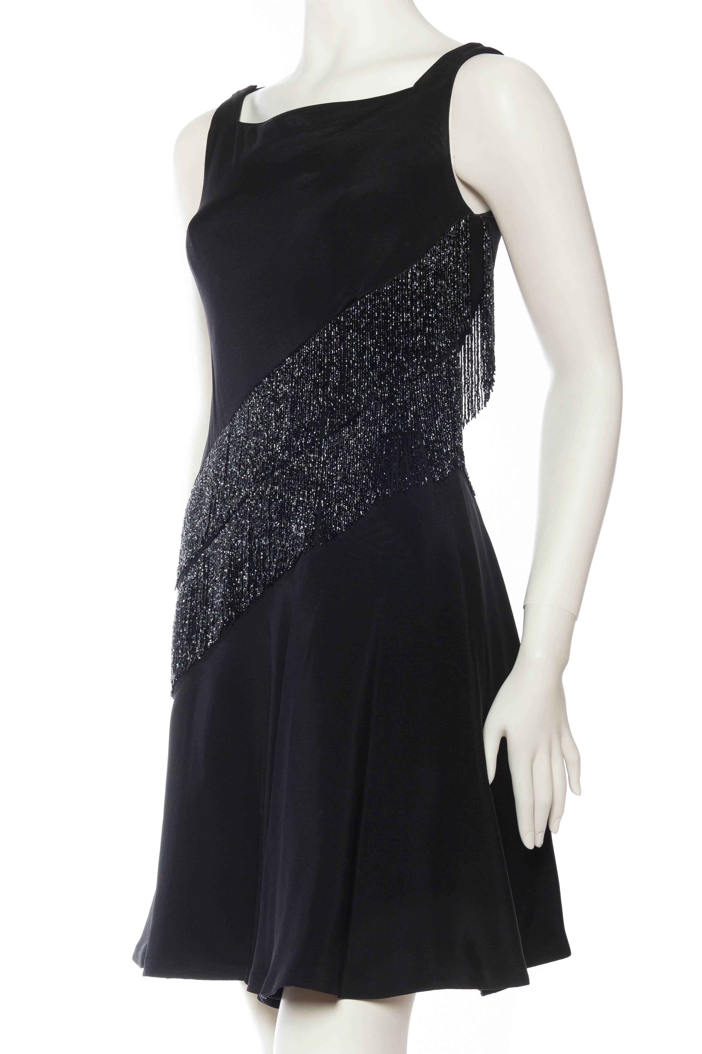 1960S MR BLACKWELL Black Silk Faille Bias Beaded Fringe Mod Cocktail Dress For Sale 2