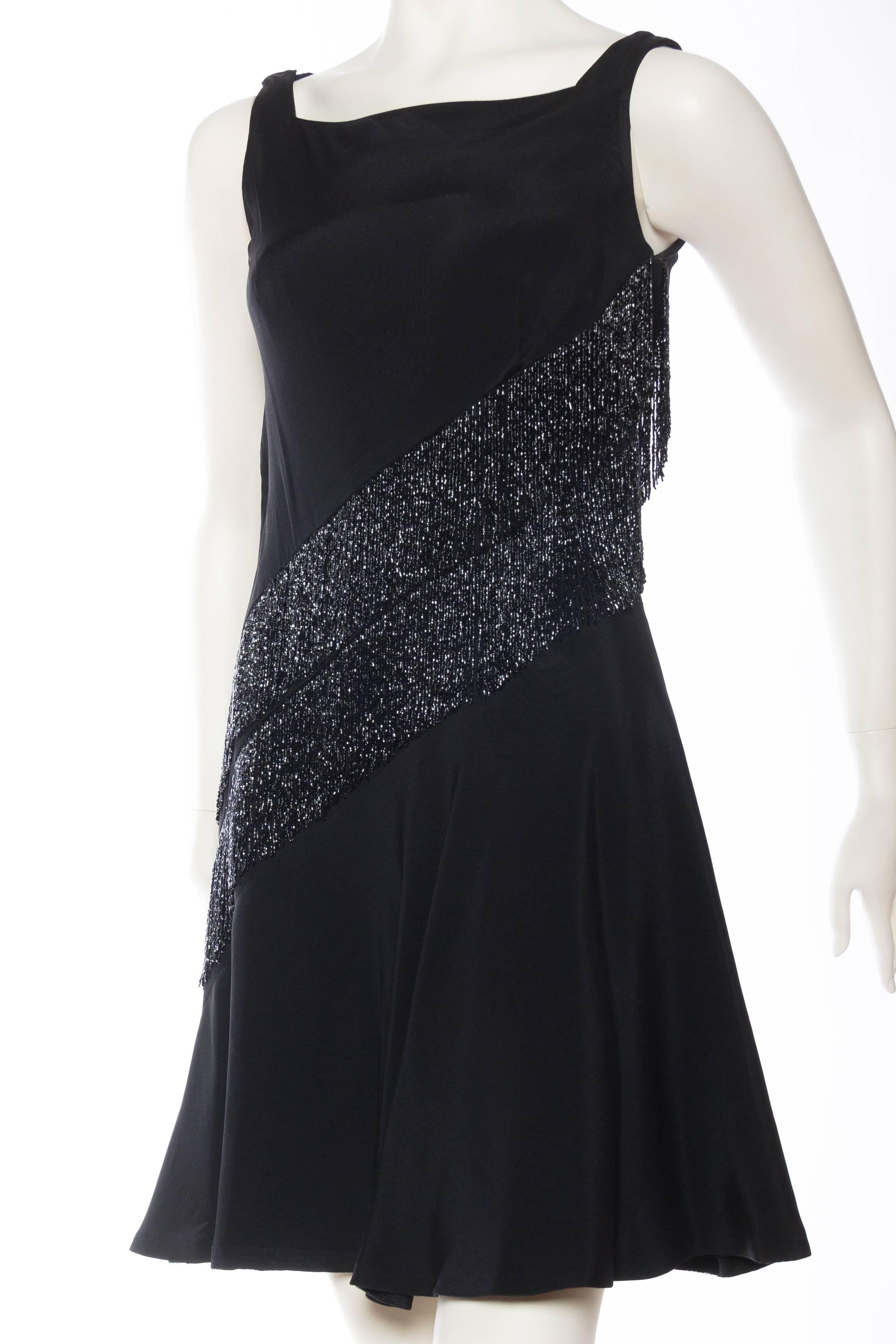 1960S MR BLACKWELL Black Silk Faille Bias Beaded Fringe Mod Cocktail Dress In Excellent Condition For Sale In New York, NY