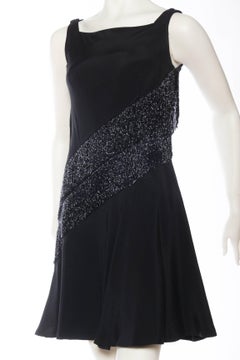 1960S MR BLACKWELL Black Silk Faille Bias Beaded Fringe Mod Cocktail Dress