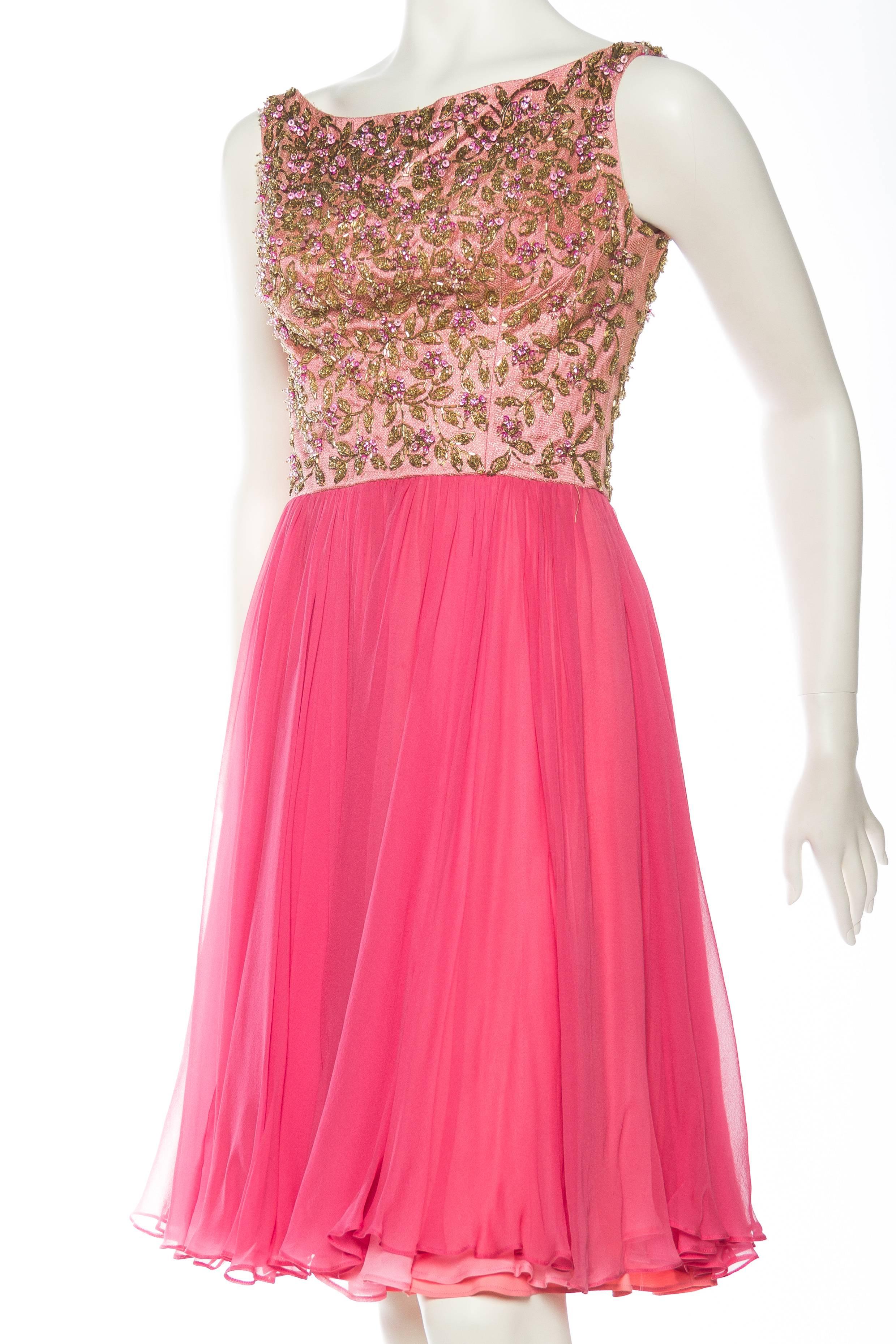 Pink Sweet and Flirty Early 1960s Beaded Chiffon Dress
