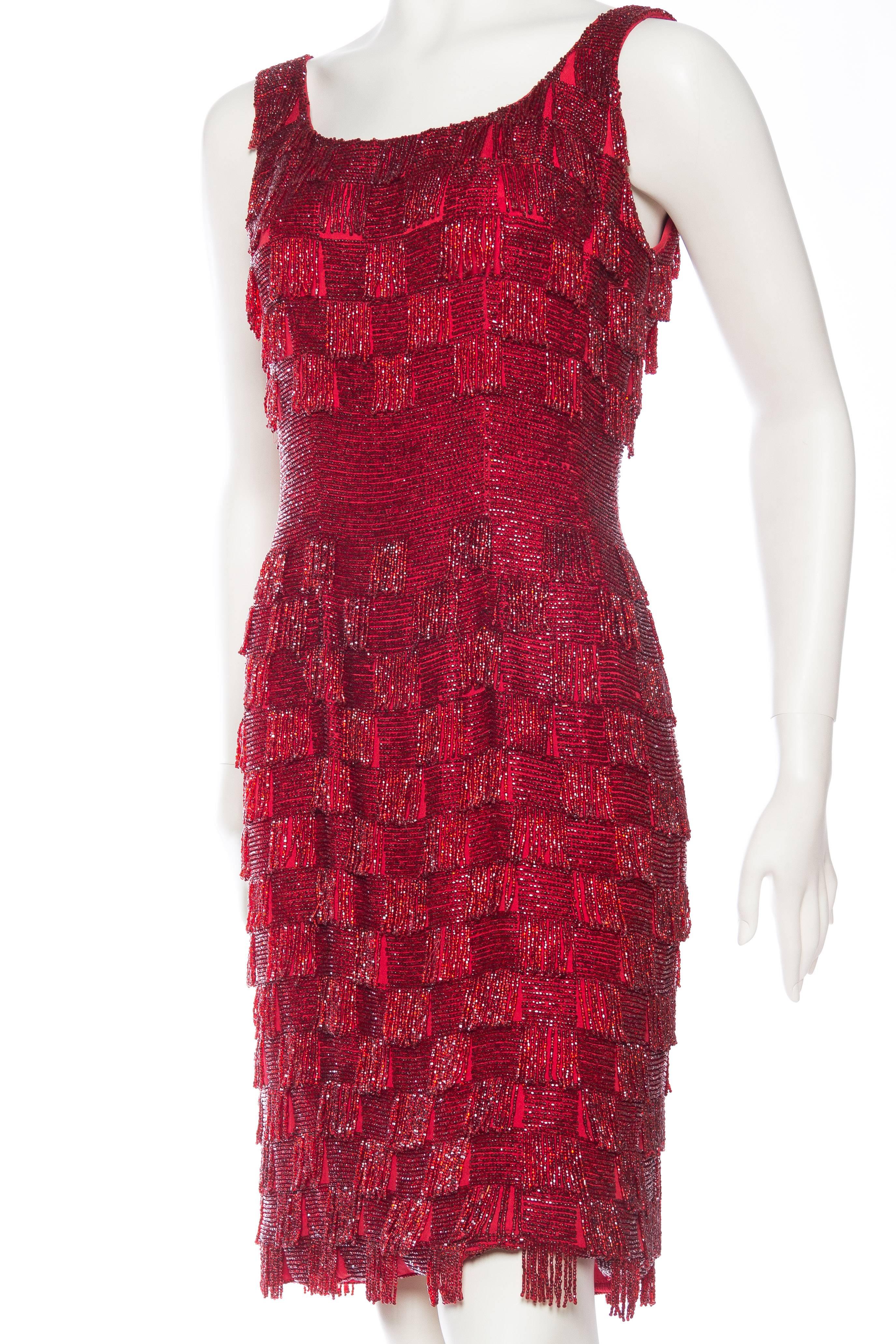 Red 1950s Solid Beaded Fringe Dress Attributed to Jean Dessés
