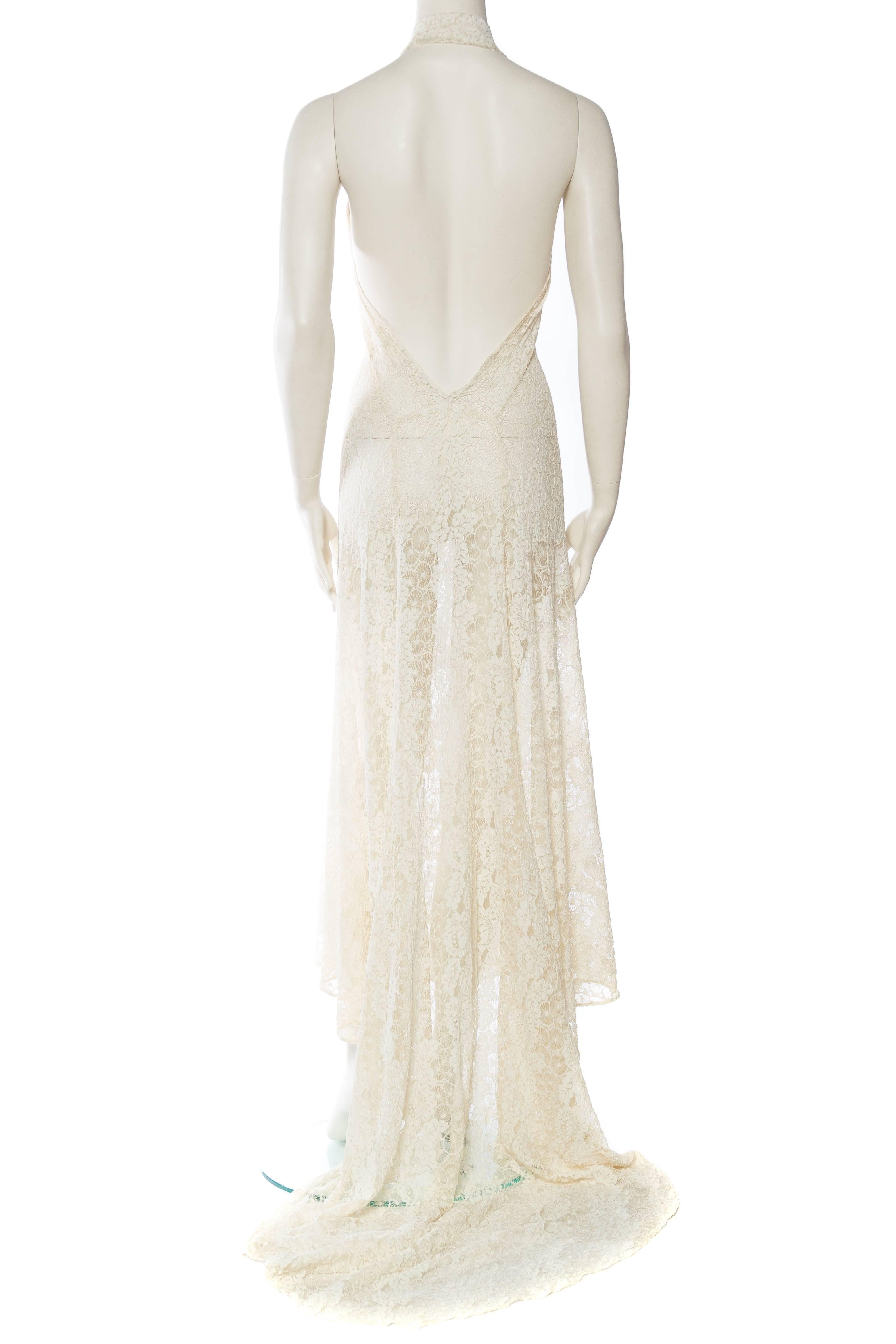 Beige 1930S Ivory Cobweb Lace Backless Halter Gown With Train