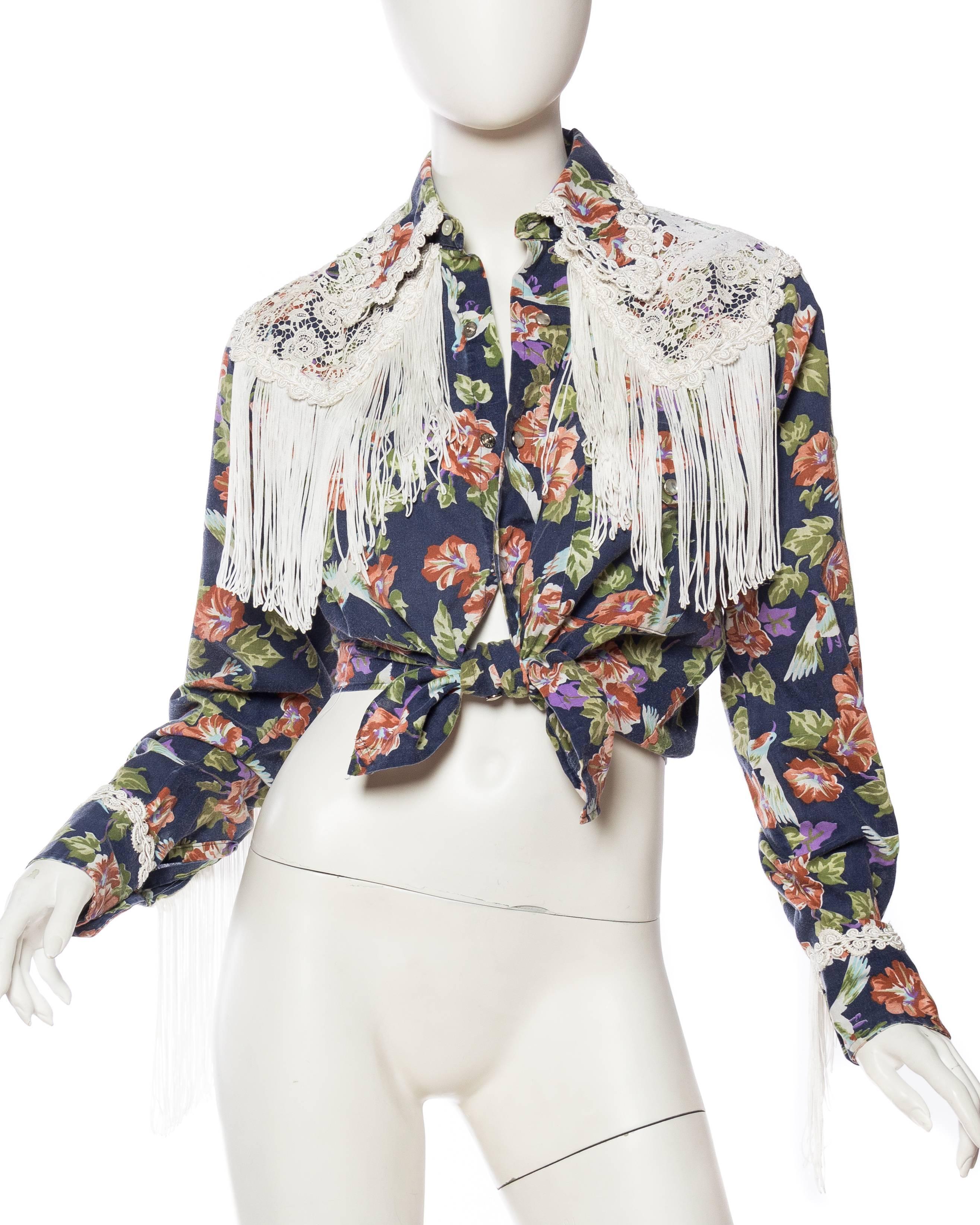 Gray Floral Western Shirt with Fringe and Victorian Lace