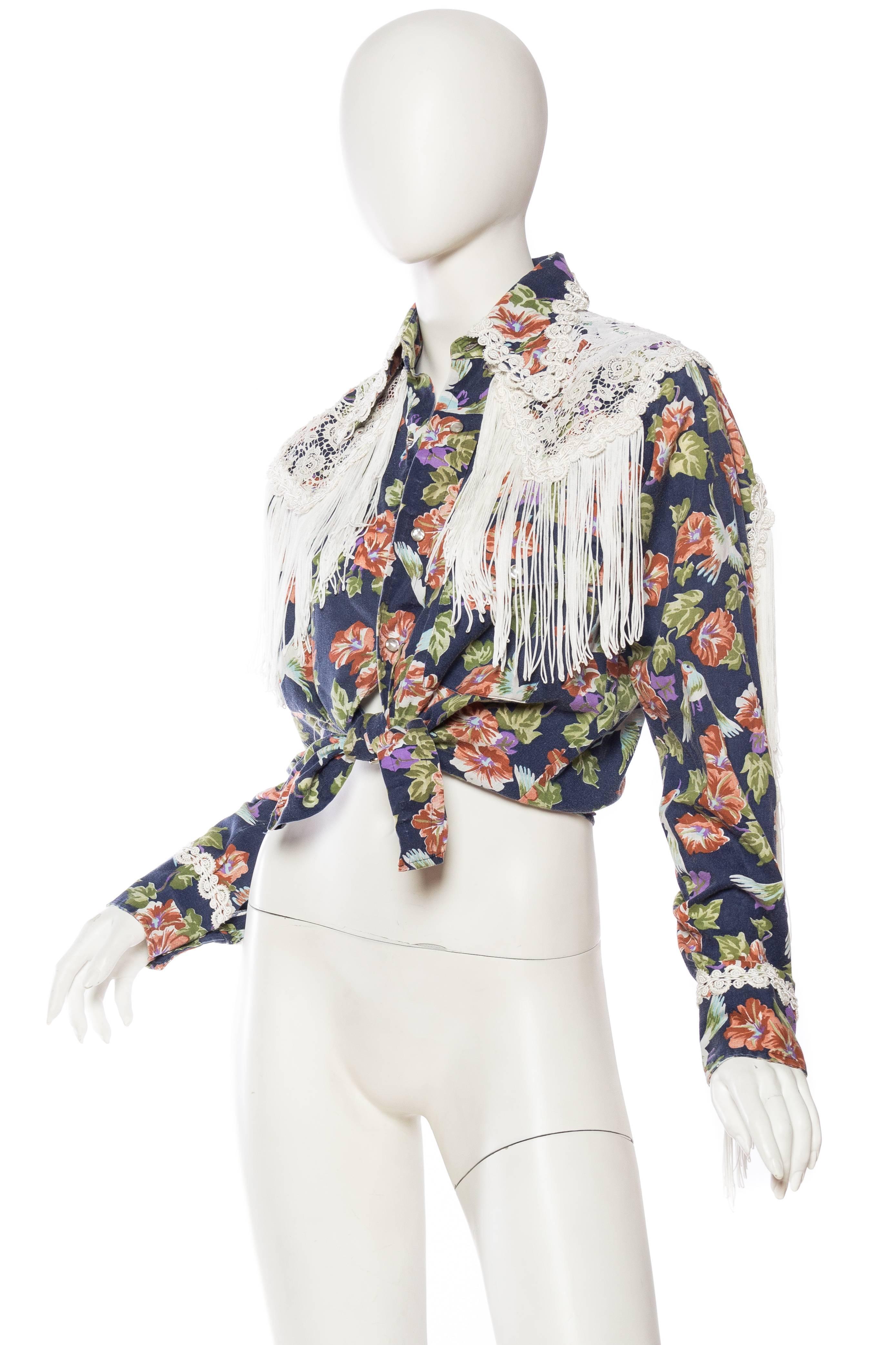 Women's Floral Western Shirt with Fringe and Victorian Lace