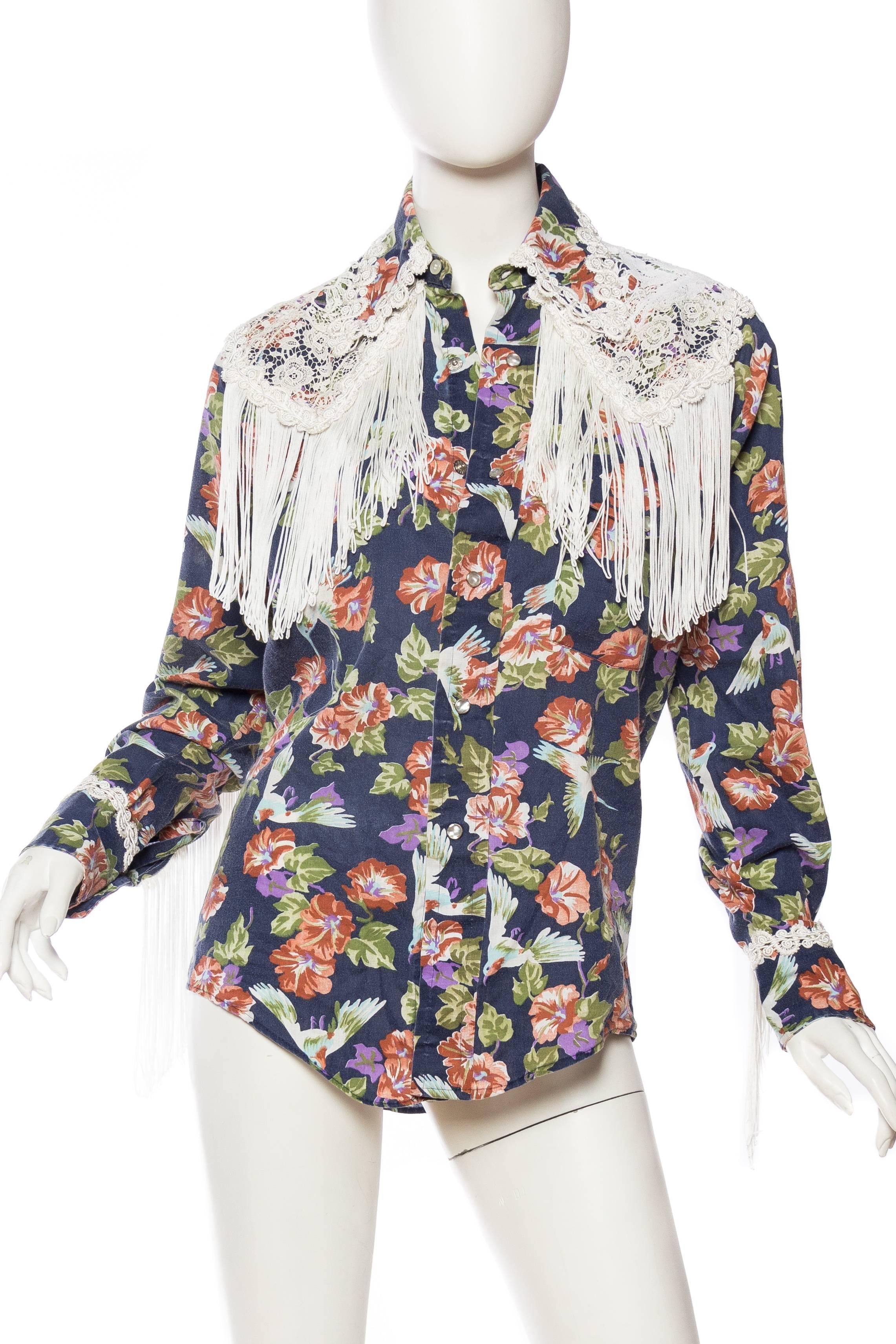 Floral Western Shirt with Fringe and Victorian Lace In Excellent Condition In New York, NY