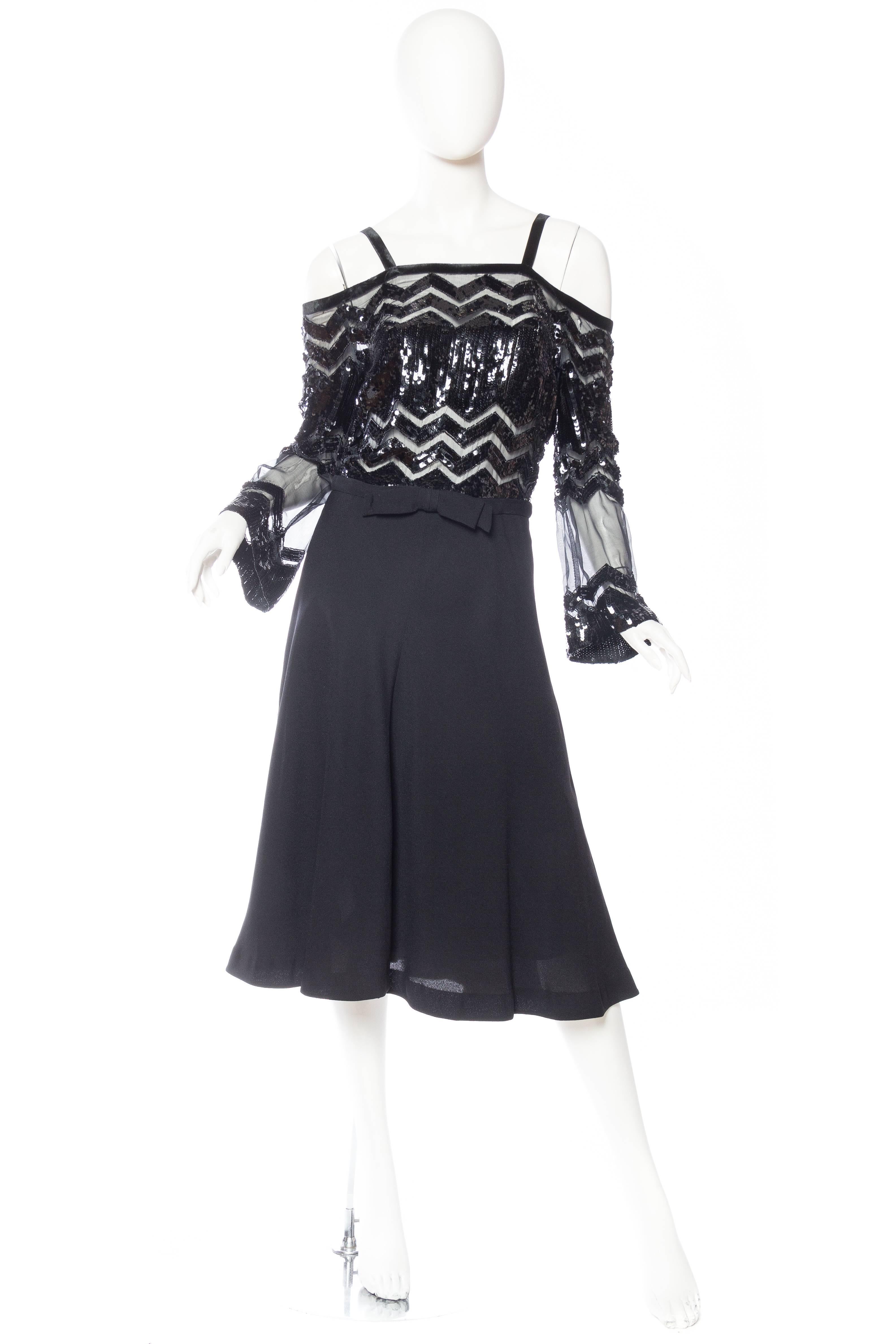 1960S  JACQUES RÉVAL Black Silk Crepe Cold Shoulder Beaded Organza Cocktail Dress